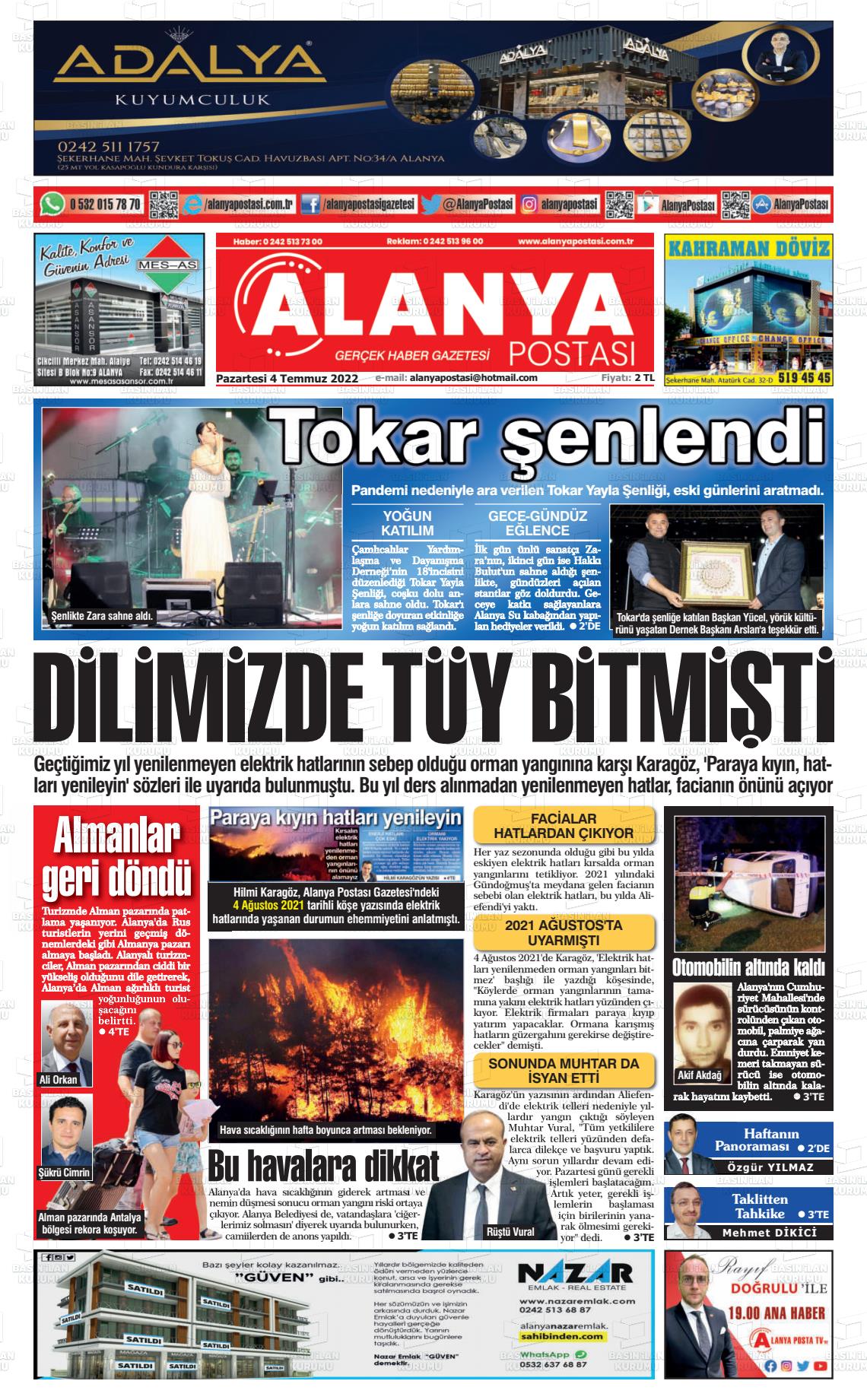 04 Temmuz 2022 Alanya Postası Gazete Manşeti