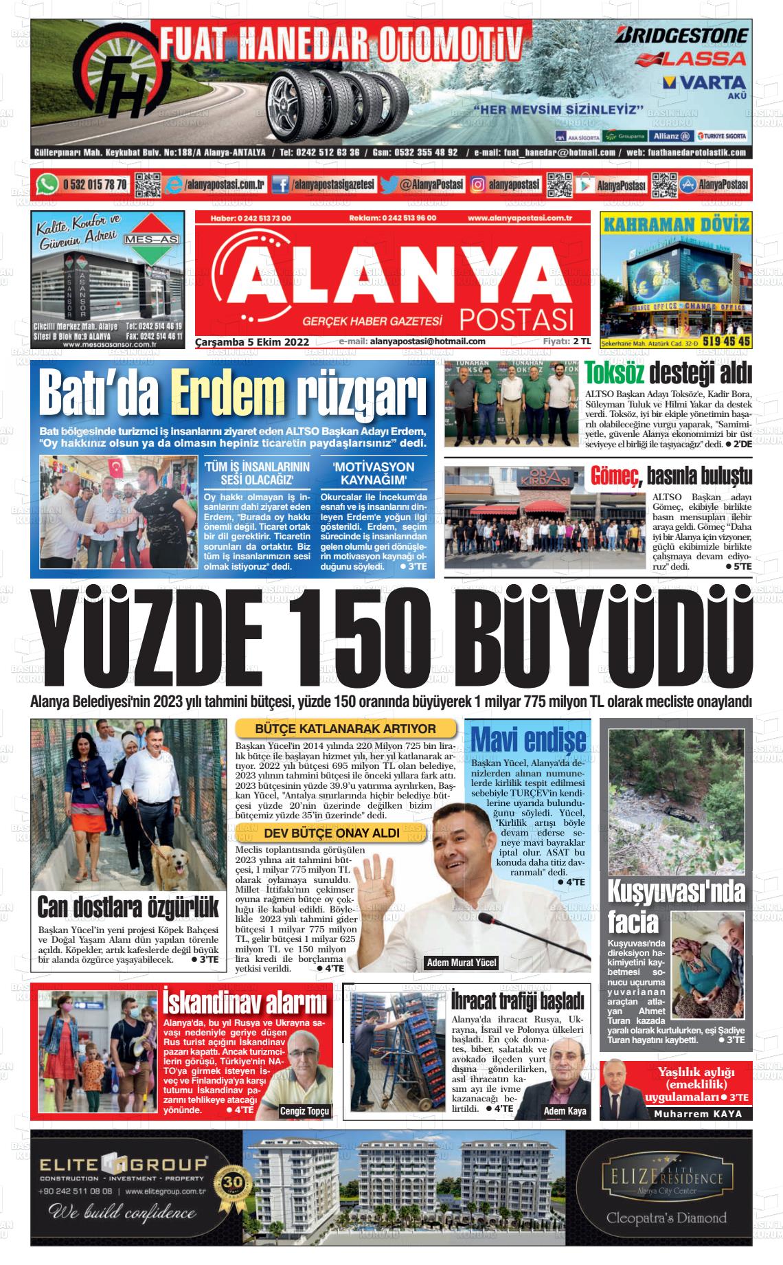 05 Ekim 2022 Alanya Postası Gazete Manşeti