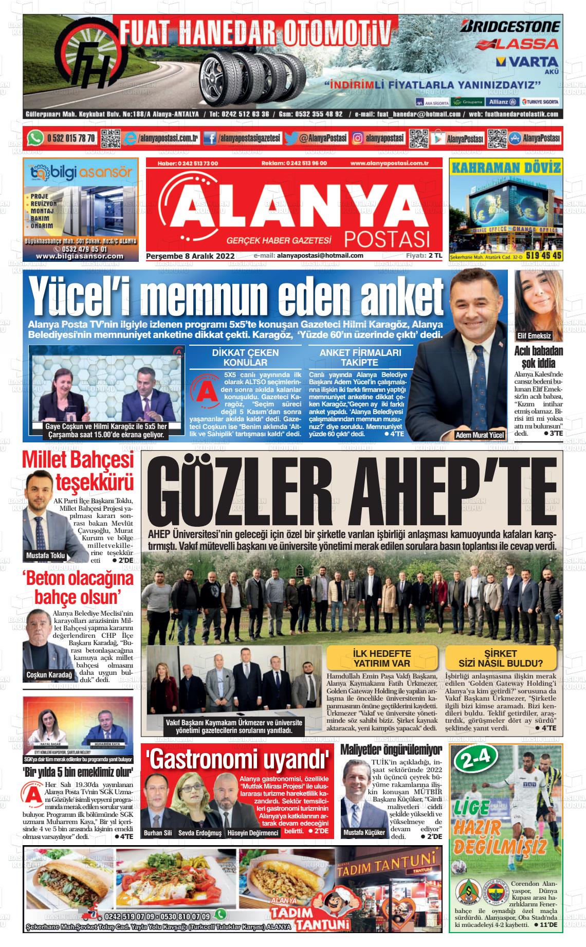08 Aralık 2022 Alanya Postası Gazete Manşeti