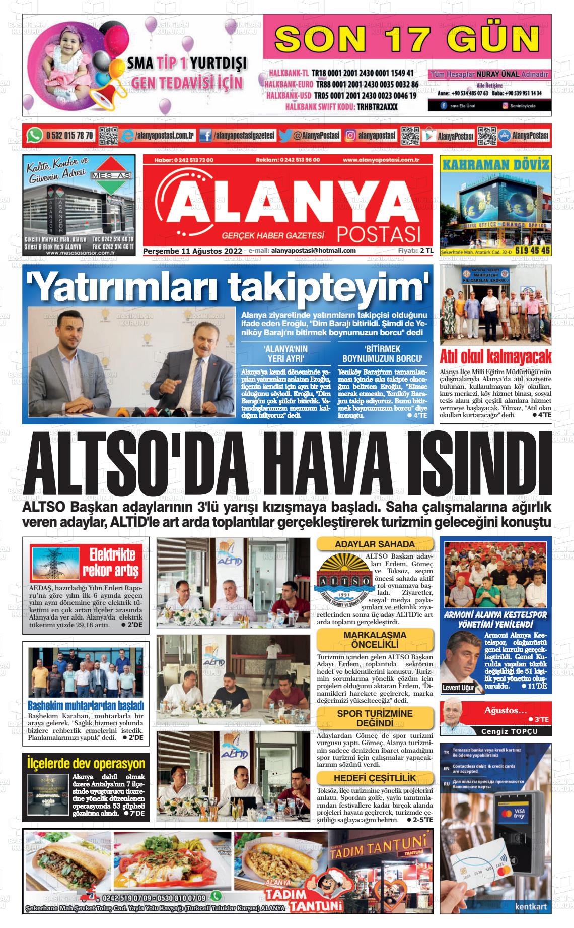 11 Ağustos 2022 Alanya Postası Gazete Manşeti