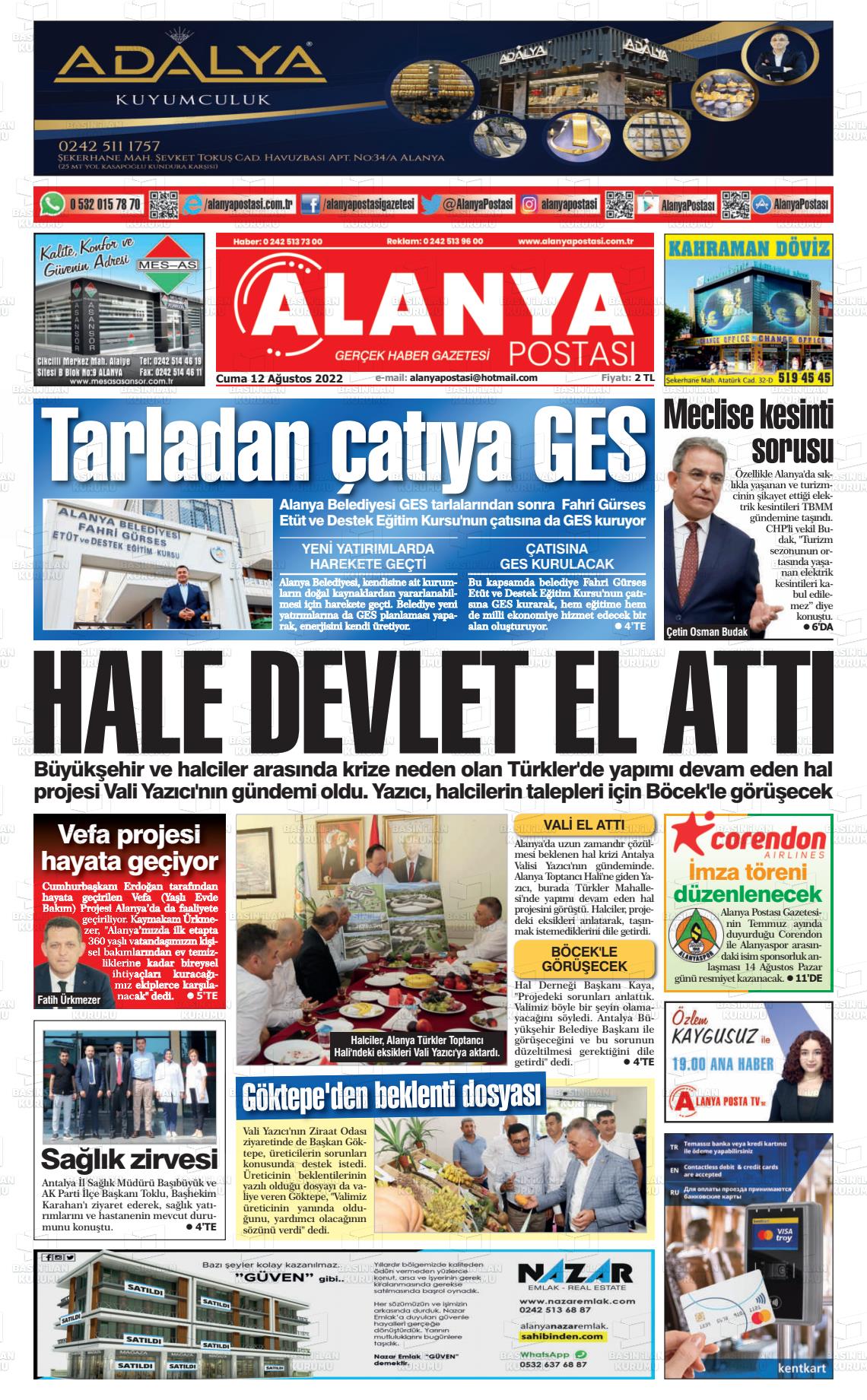 12 Ağustos 2022 Alanya Postası Gazete Manşeti
