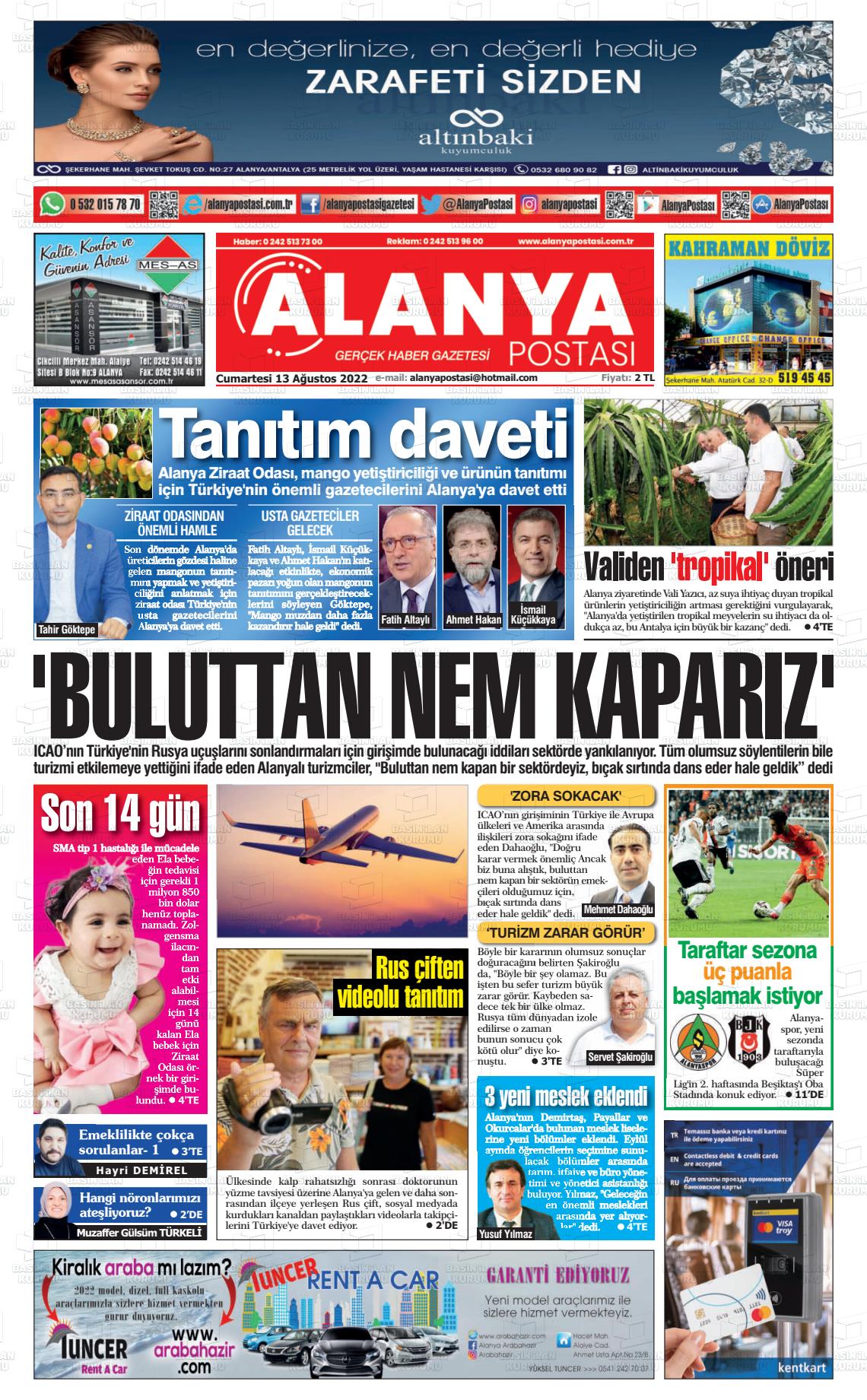 13 Ağustos 2022 Alanya Postası Gazete Manşeti
