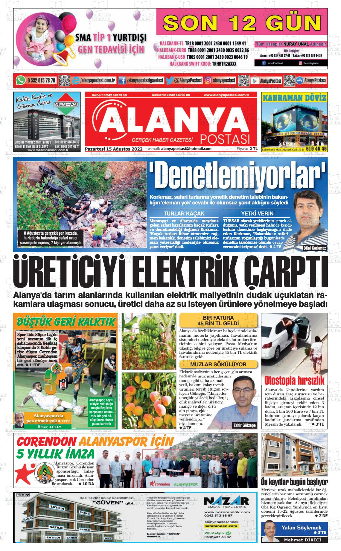 15 Ağustos 2022 Alanya Postası Gazete Manşeti