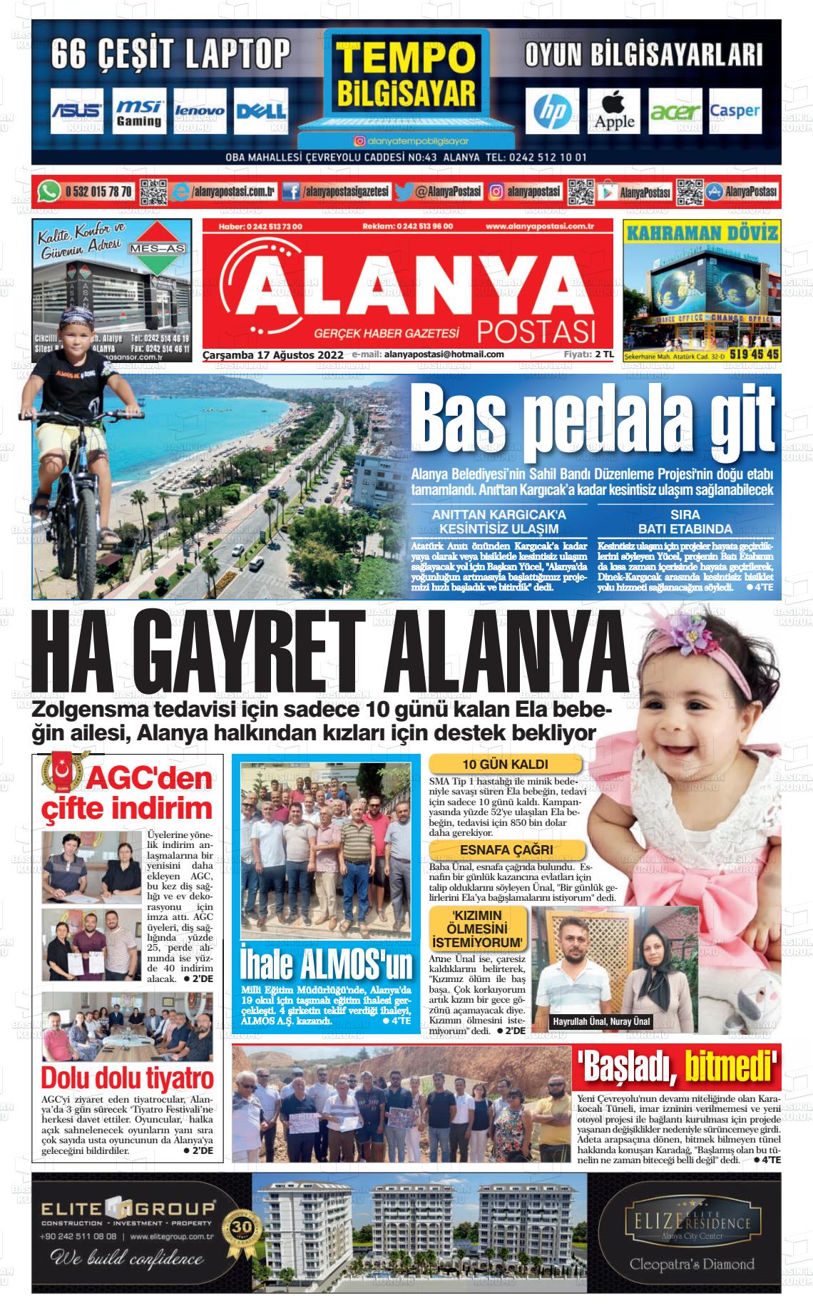 17 Ağustos 2022 Alanya Postası Gazete Manşeti