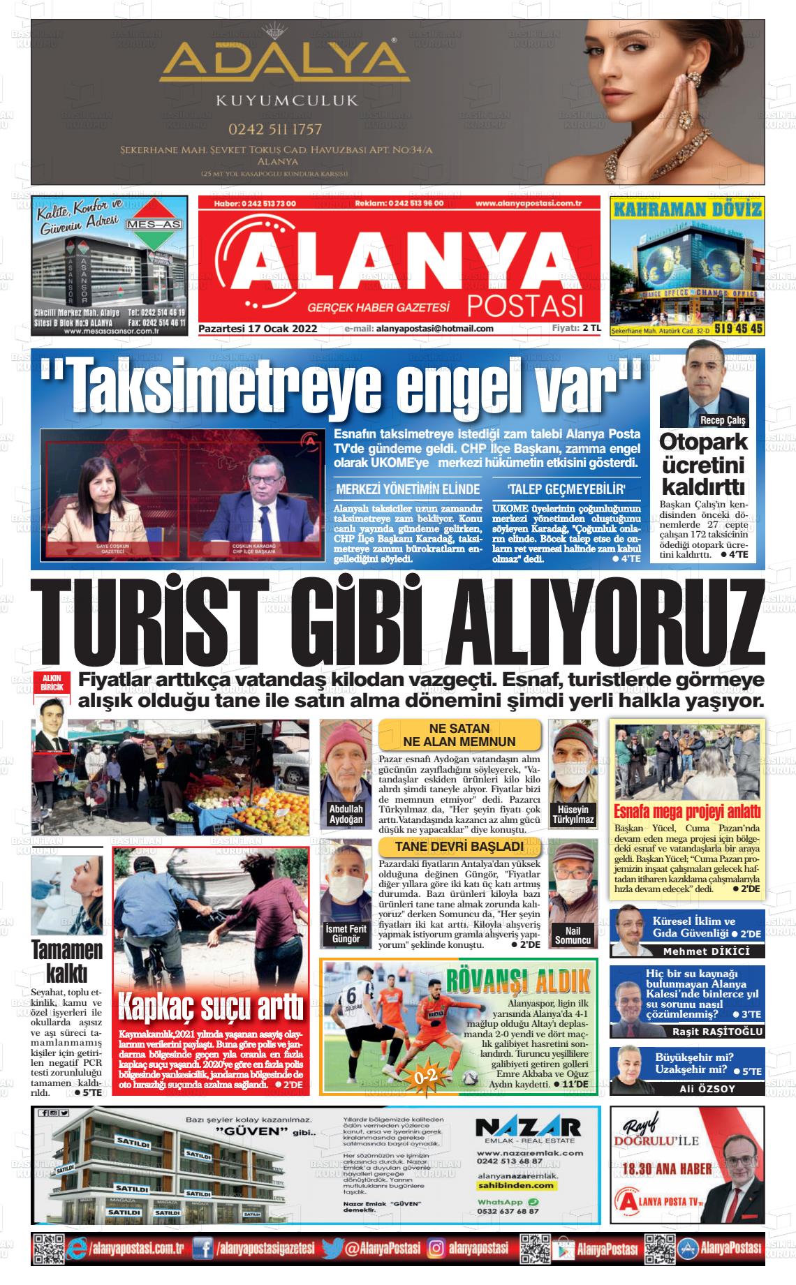 17 Ocak 2022 Alanya Postası Gazete Manşeti