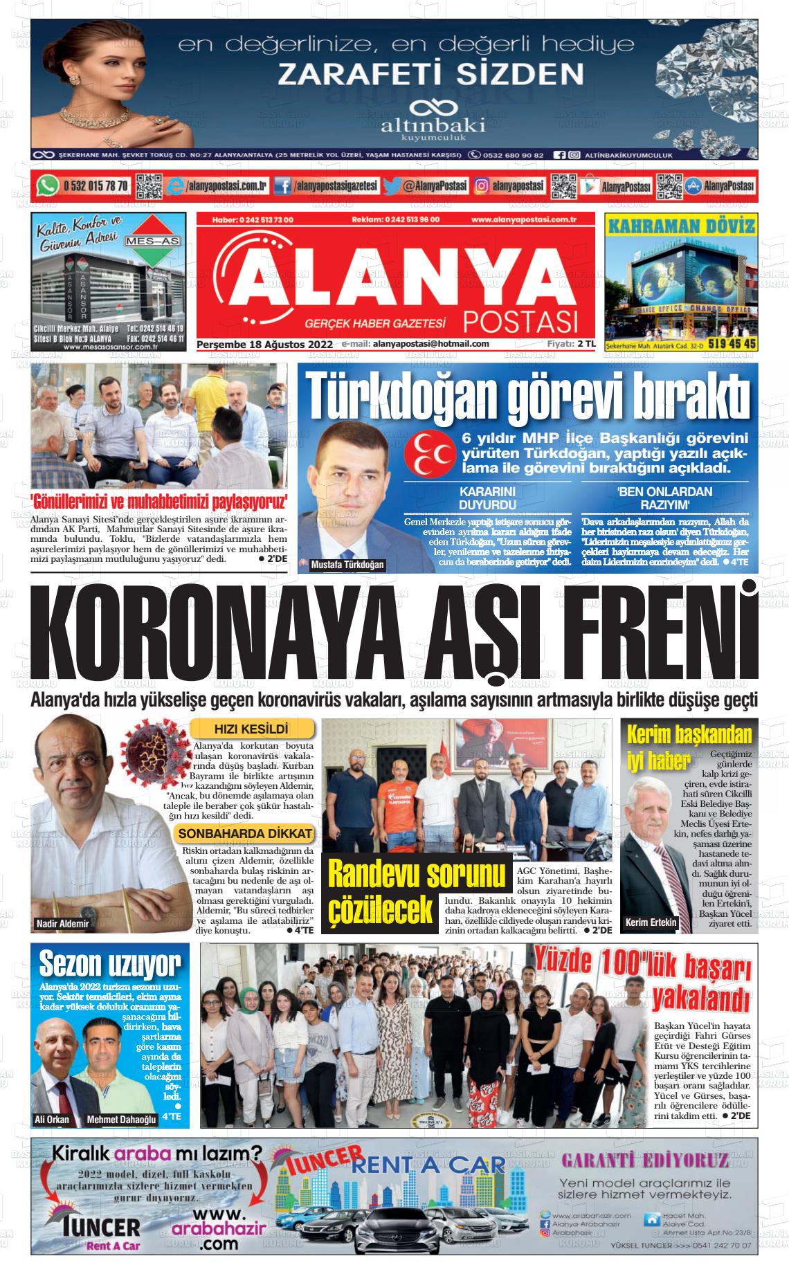 18 Ağustos 2022 Alanya Postası Gazete Manşeti