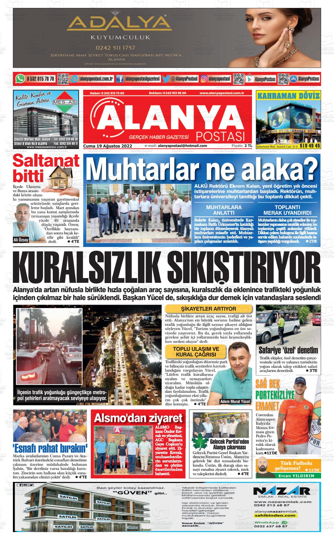 19 Ağustos 2022 Alanya Postası Gazete Manşeti