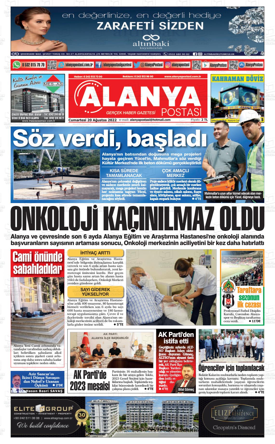 20 Ağustos 2022 Alanya Postası Gazete Manşeti