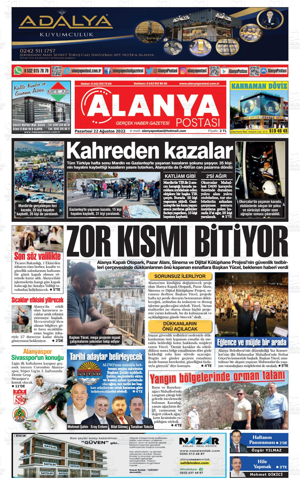 22 Ağustos 2022 Alanya Postası Gazete Manşeti