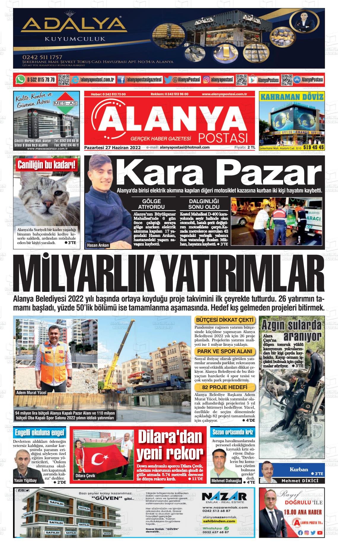 27 Haziran 2022 Alanya Postası Gazete Manşeti