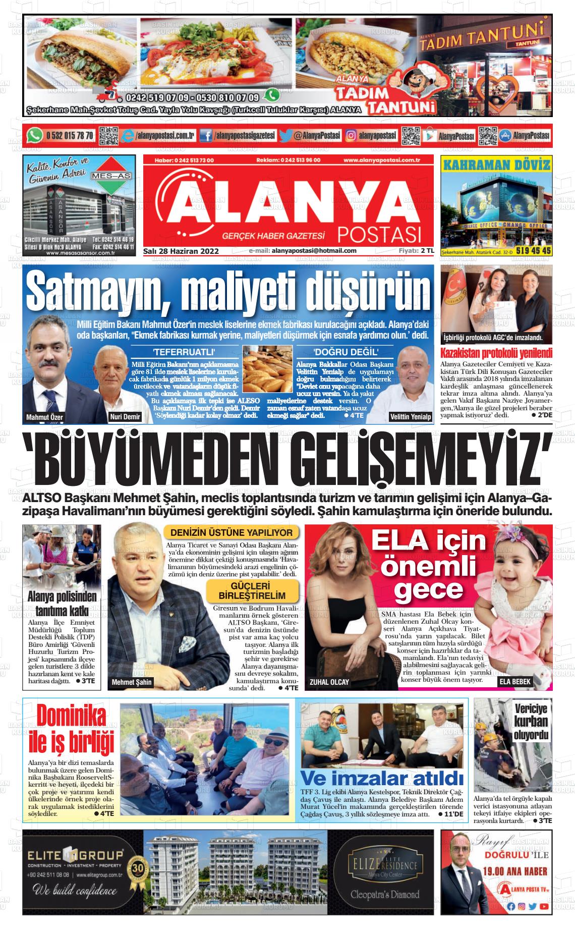 28 Haziran 2022 Alanya Postası Gazete Manşeti