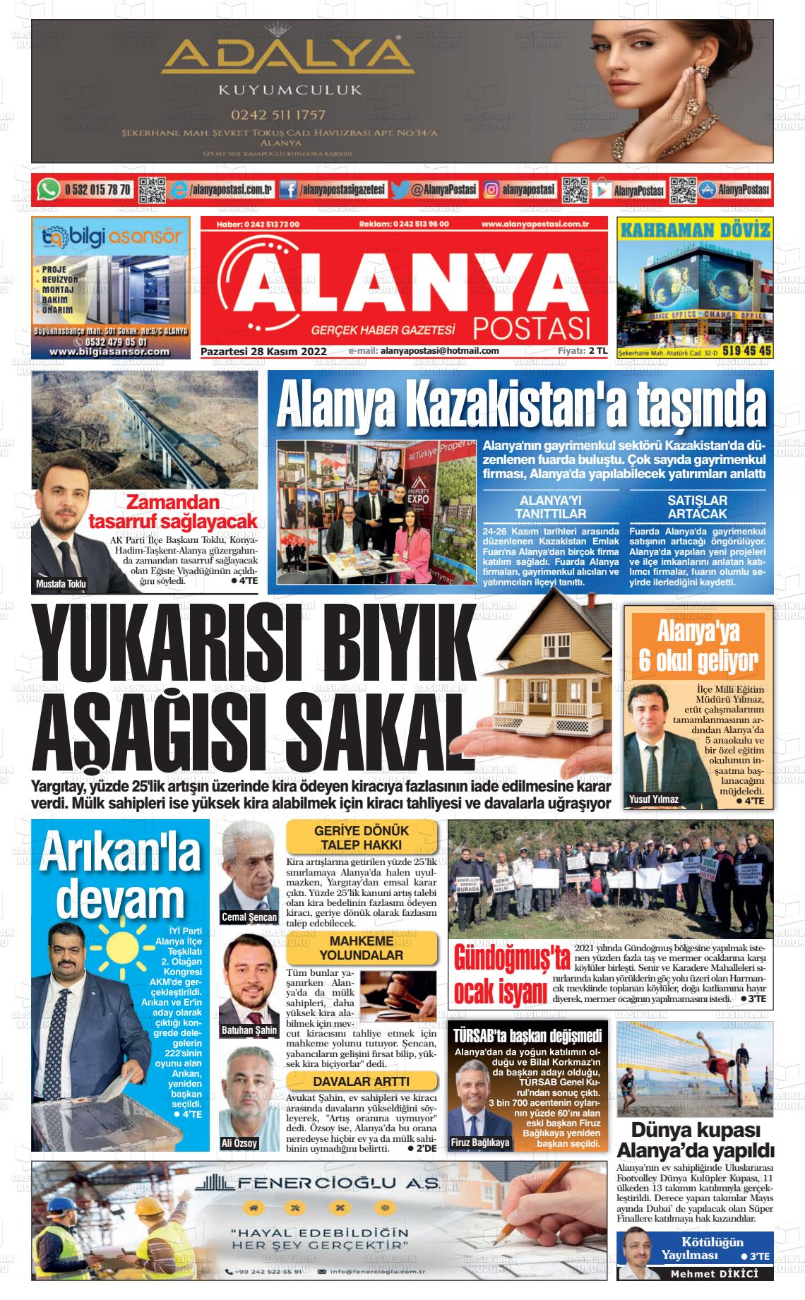 28 Kasım 2022 Alanya Postası Gazete Manşeti