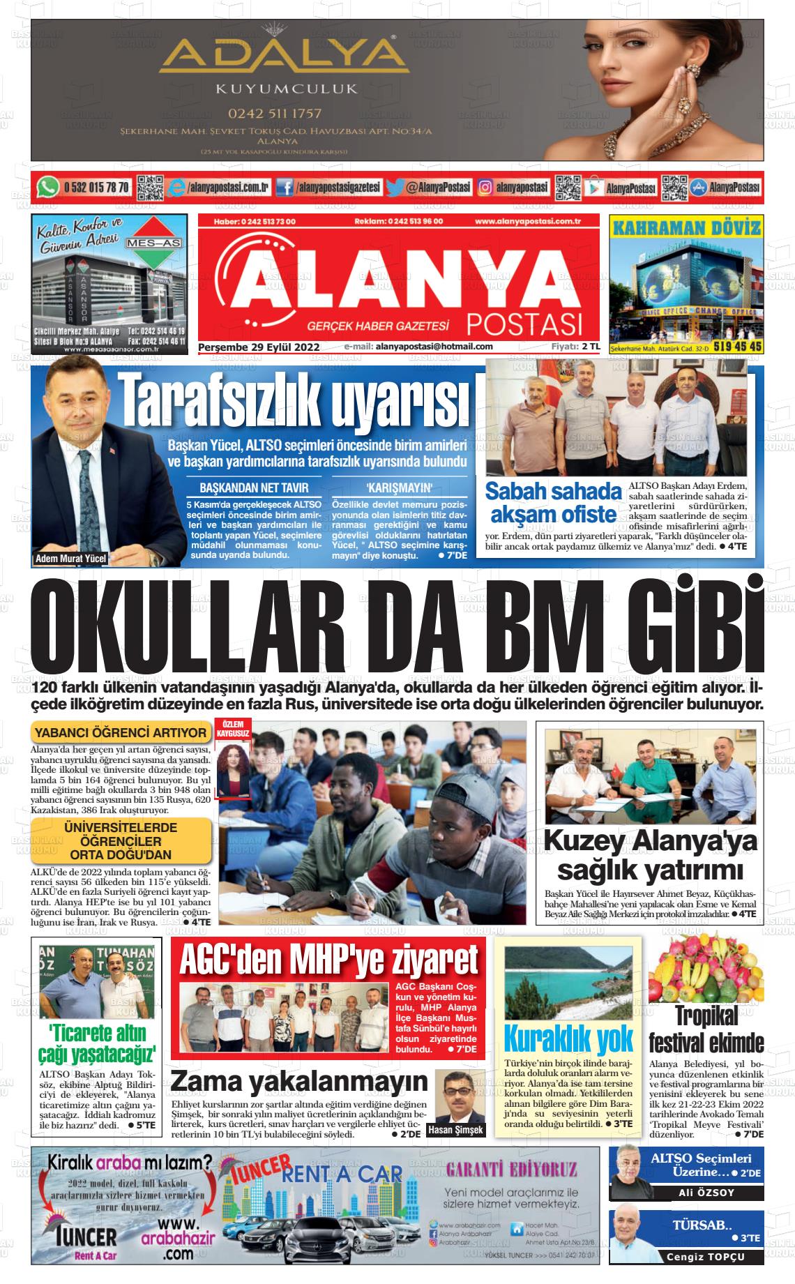 29 Eylül 2022 Alanya Postası Gazete Manşeti