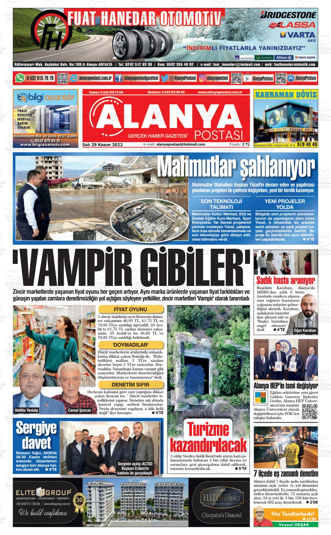 29 Kasım 2022 Alanya Postası Gazete Manşeti