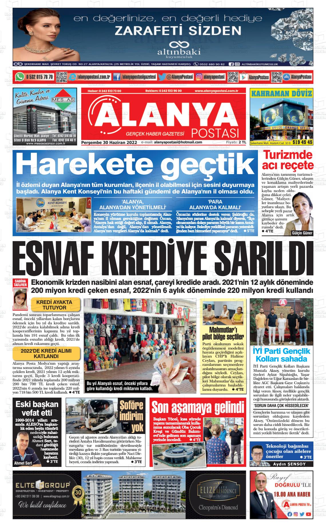 30 Haziran 2022 Alanya Postası Gazete Manşeti