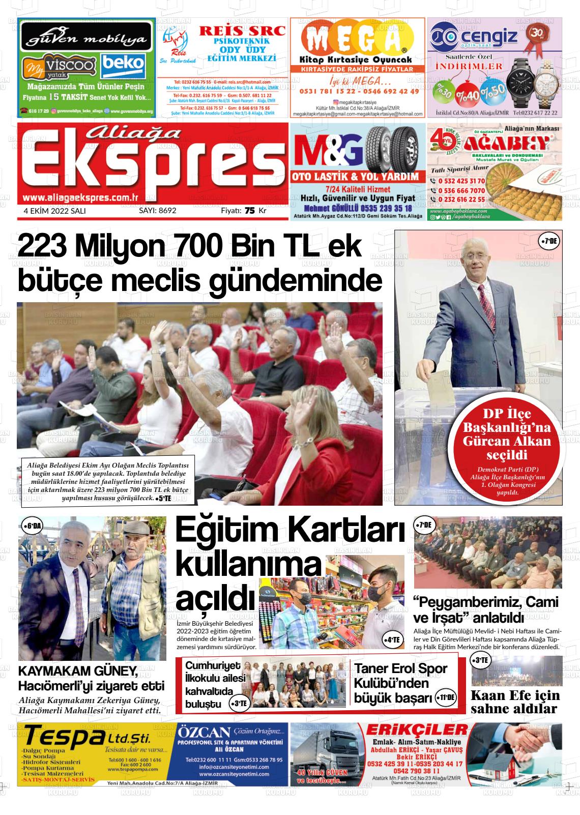 05 Ekim 2022 Aliağa Ekspres Gazete Manşeti
