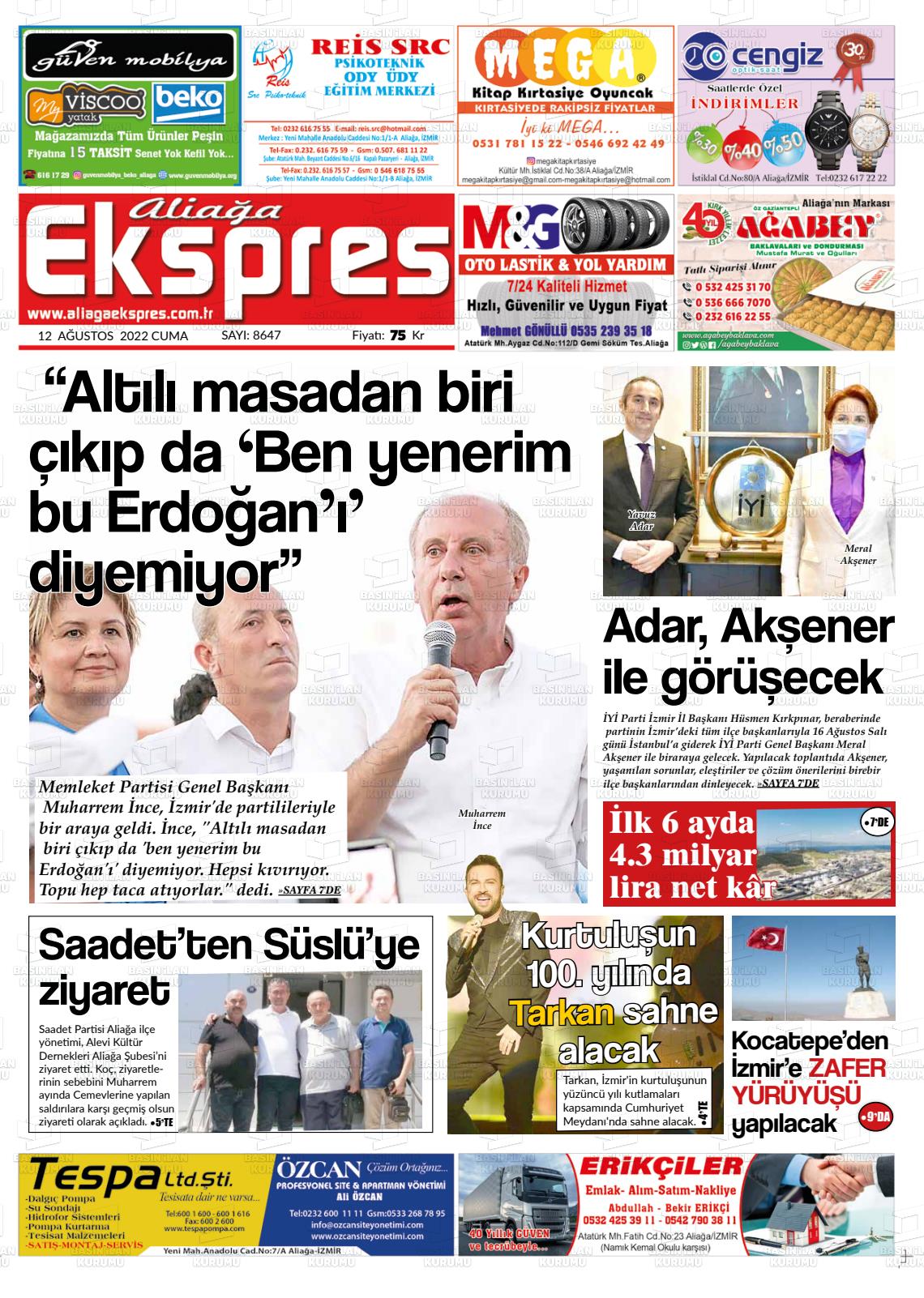 12 Ağustos 2022 Aliağa Ekspres Gazete Manşeti