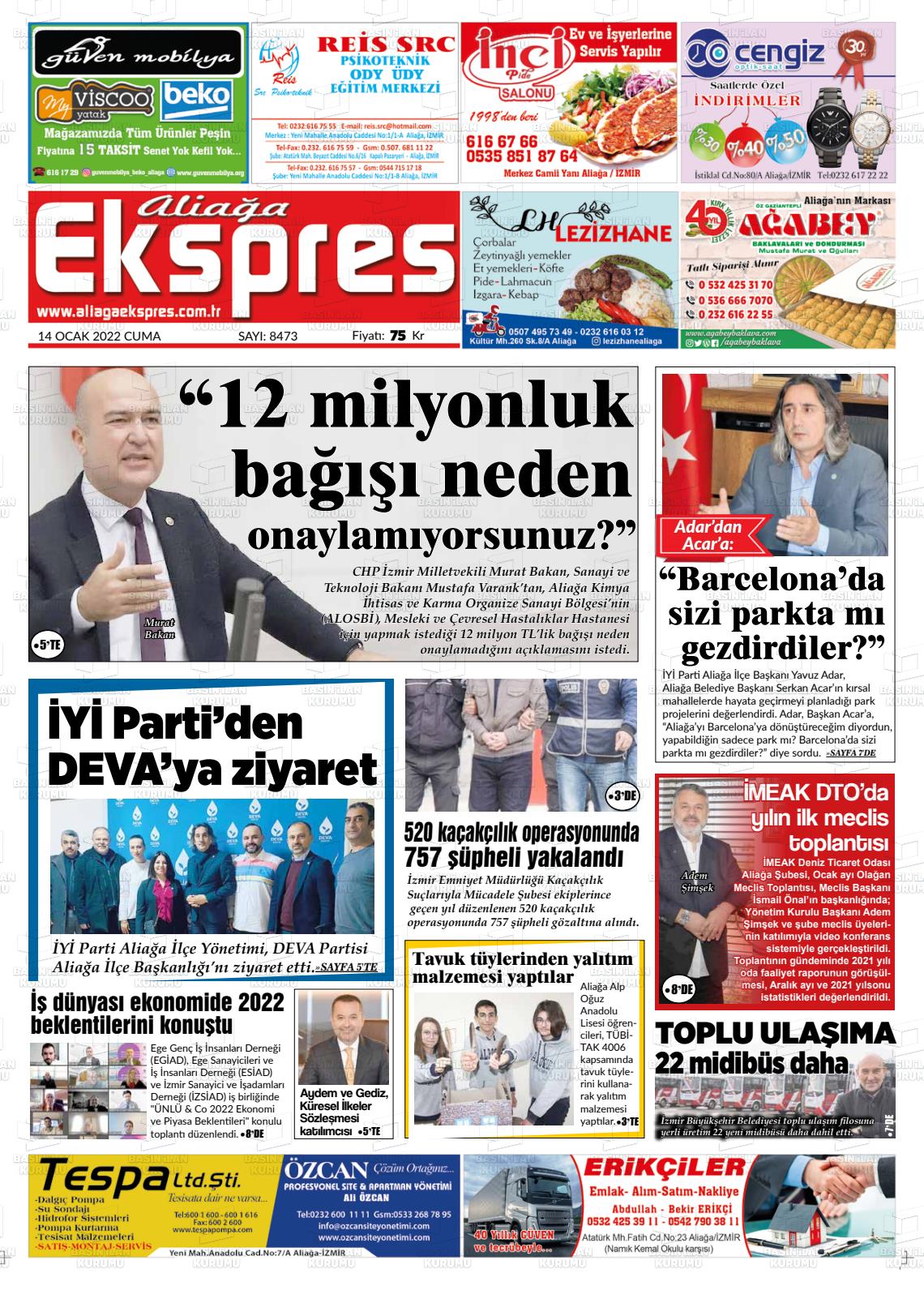14 Ocak 2022 Aliağa Ekspres Gazete Manşeti