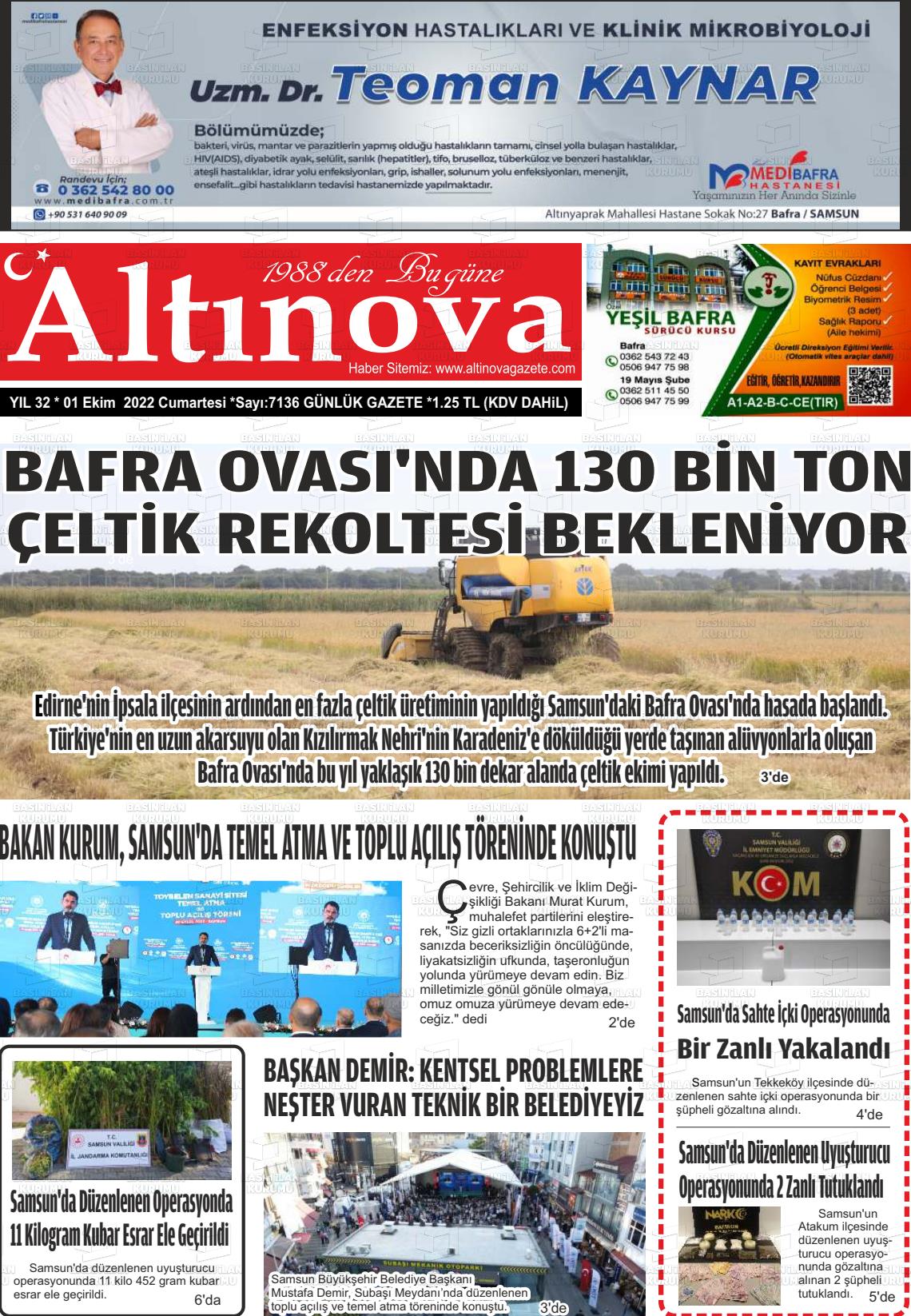 01 Ekim 2022 Altınova Gazete Manşeti
