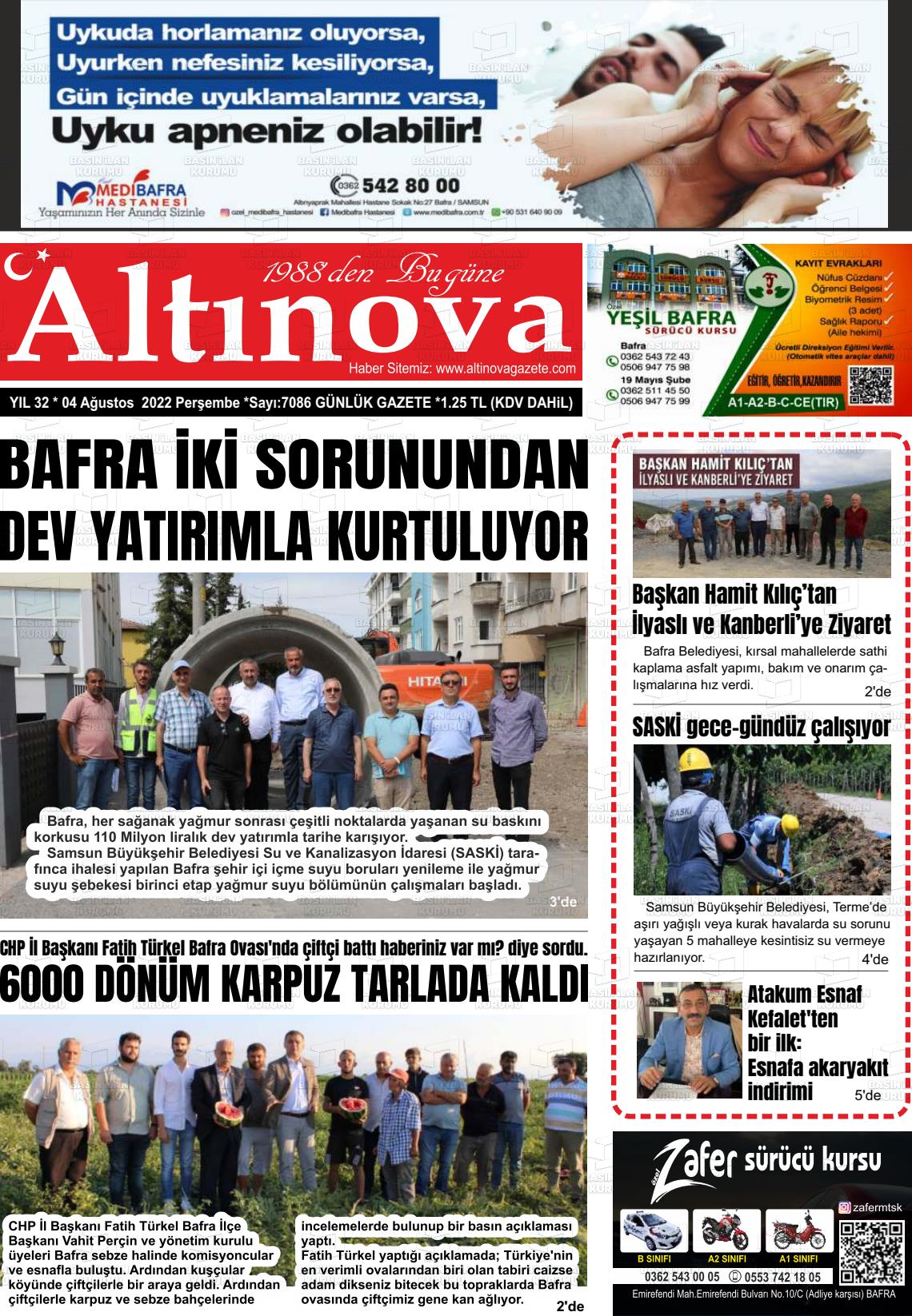 04 Ağustos 2022 Altınova Gazete Manşeti
