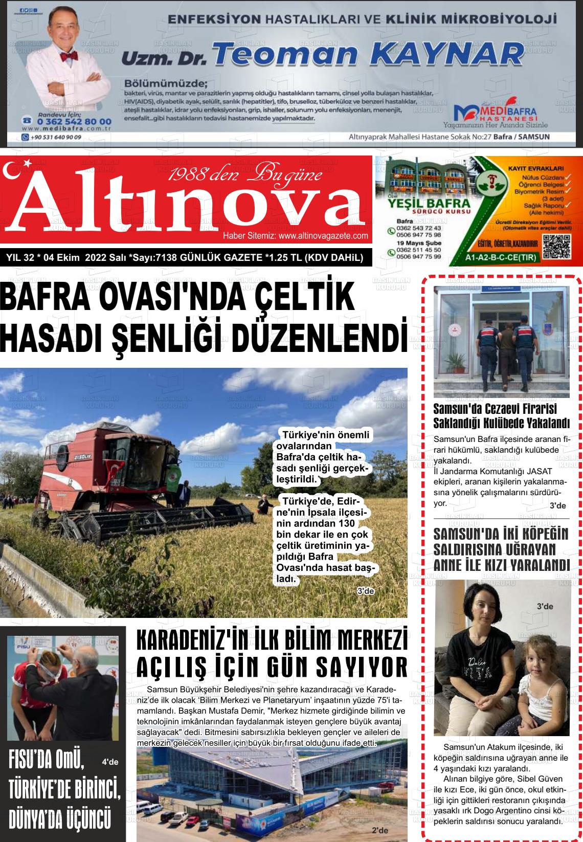 04 Ekim 2022 Altınova Gazete Manşeti