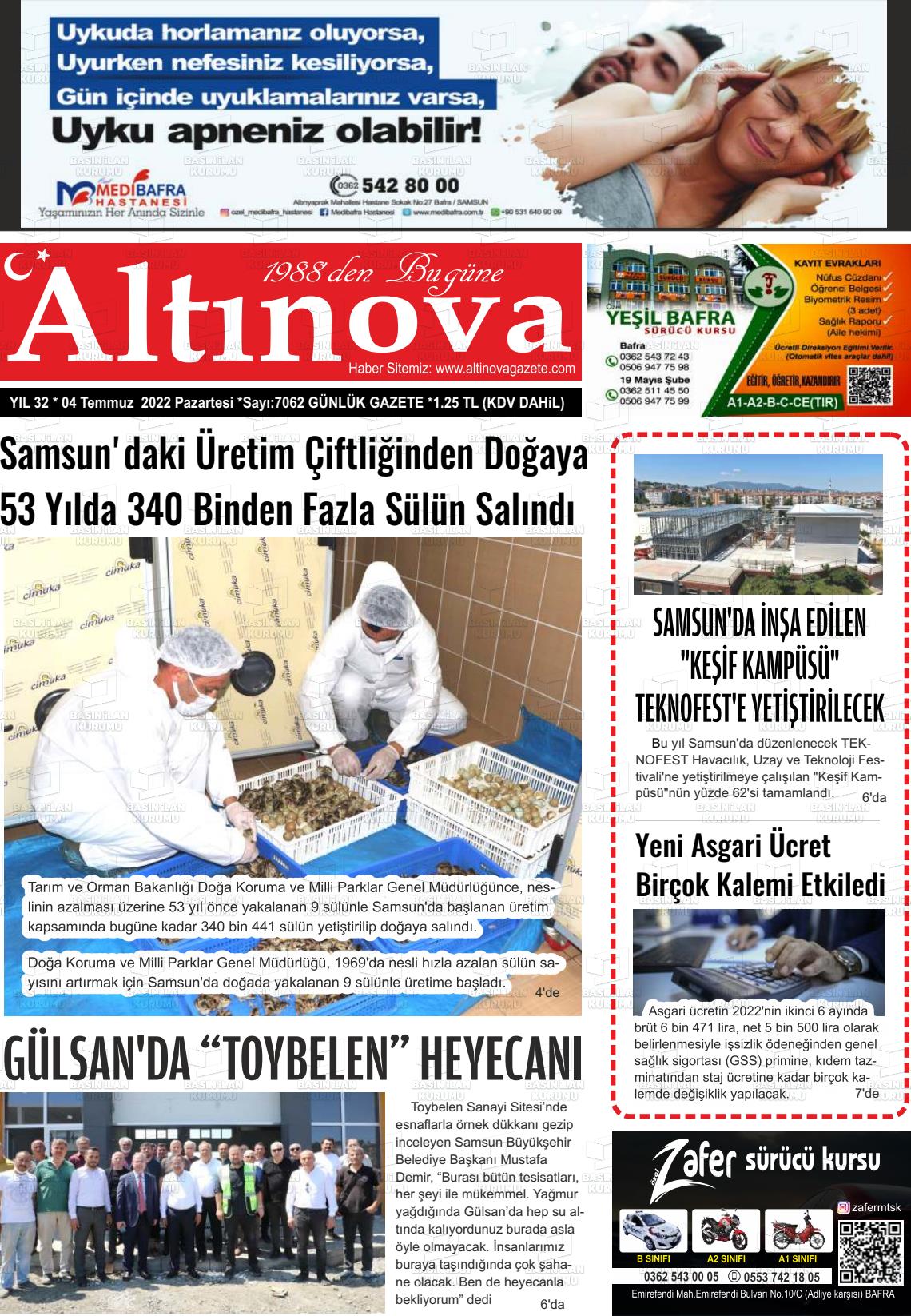 04 Temmuz 2022 Altınova Gazete Manşeti