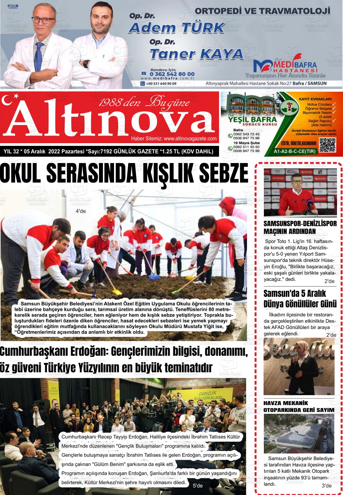 05 Aralık 2022 Altınova Gazete Manşeti