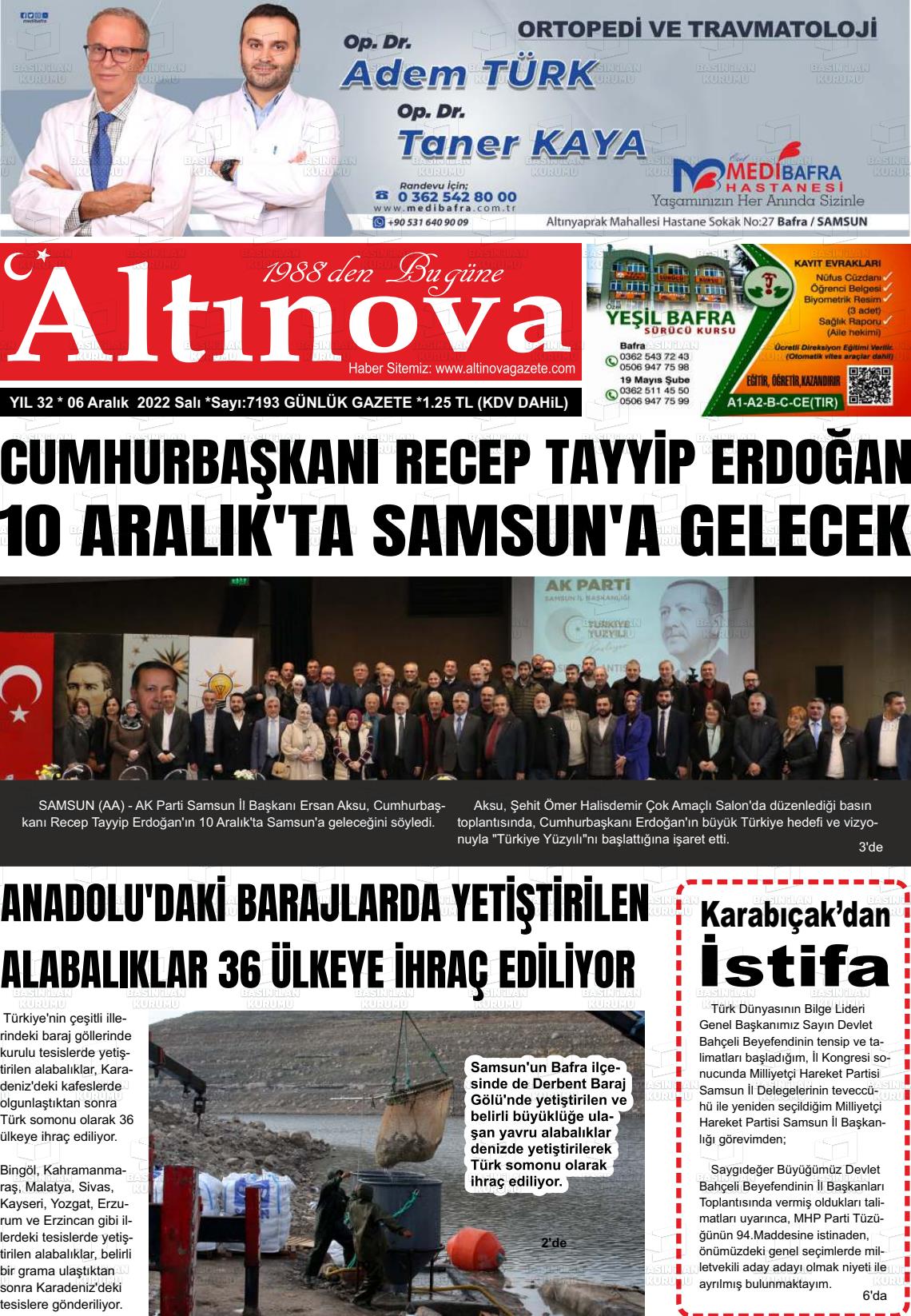 06 Aralık 2022 Altınova Gazete Manşeti