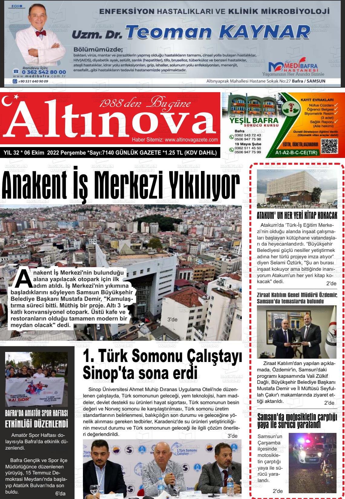 06 Ekim 2022 Altınova Gazete Manşeti