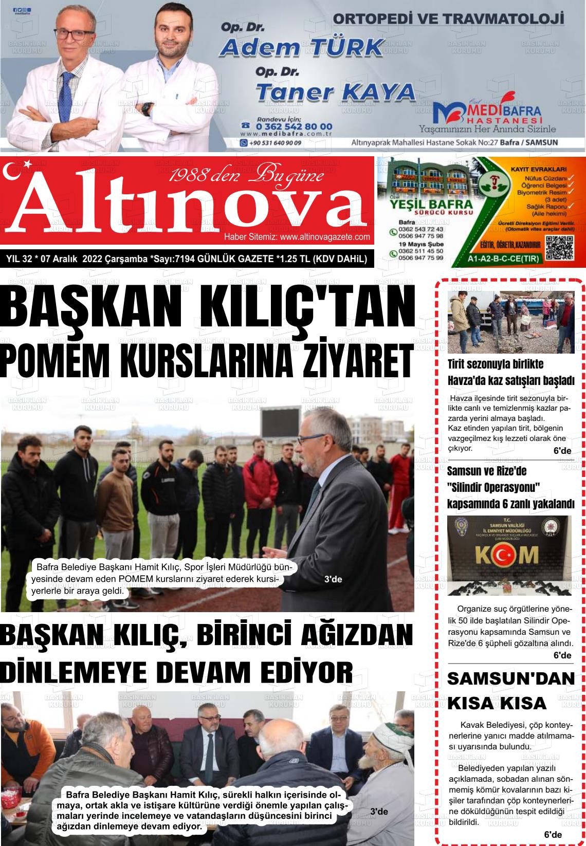 07 Aralık 2022 Altınova Gazete Manşeti