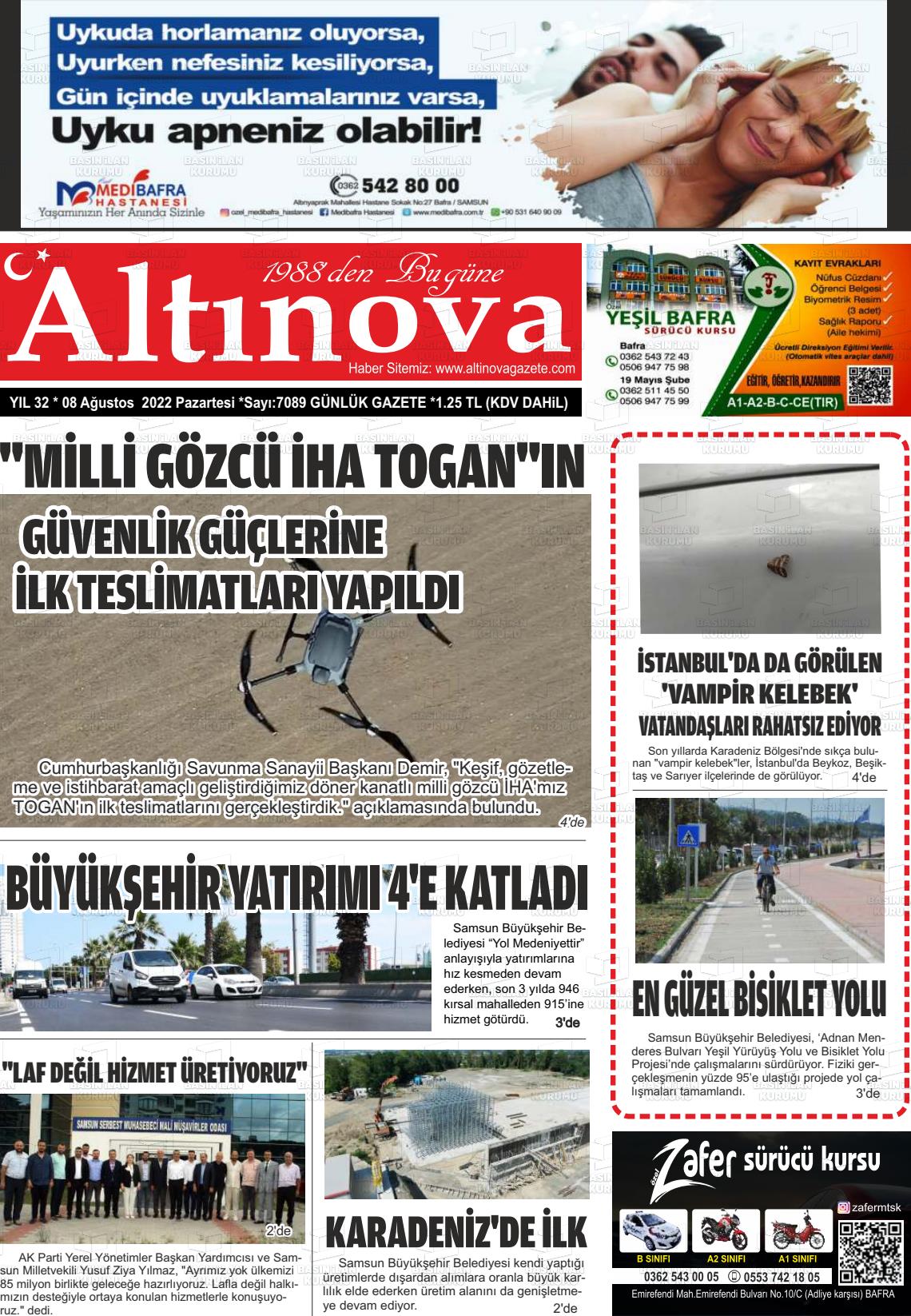 08 Ağustos 2022 Altınova Gazete Manşeti