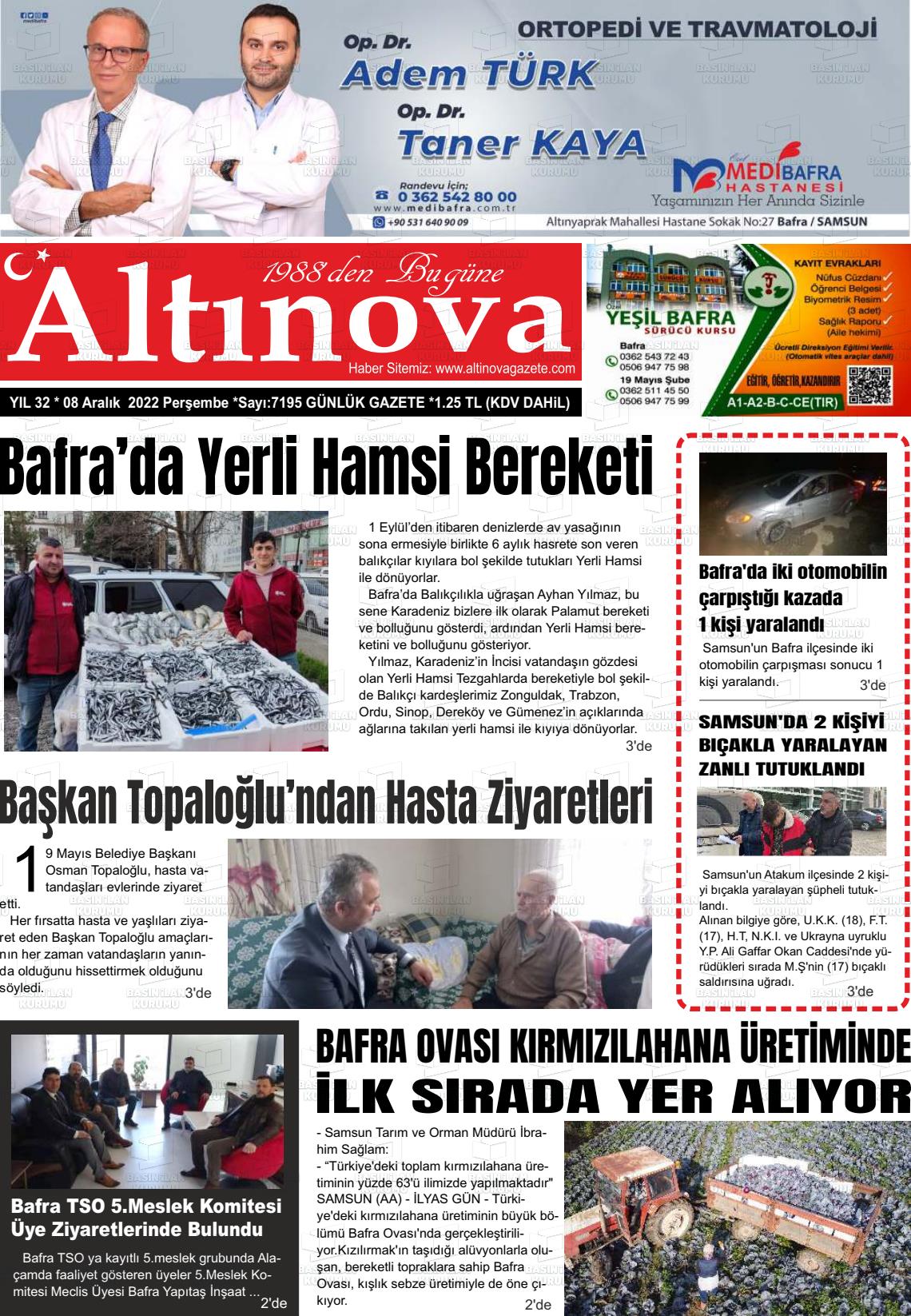 08 Aralık 2022 Altınova Gazete Manşeti