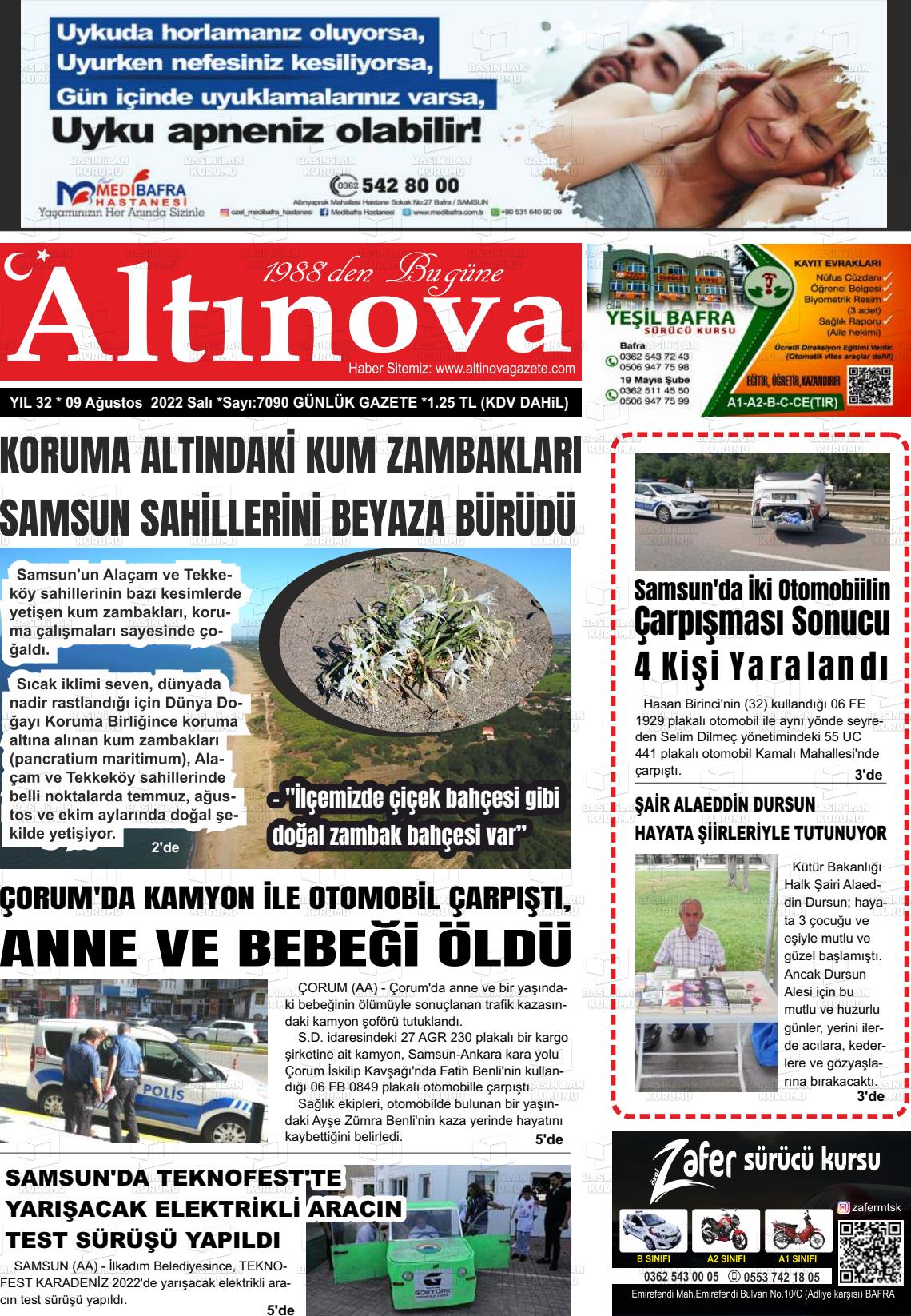 09 Ağustos 2022 Altınova Gazete Manşeti