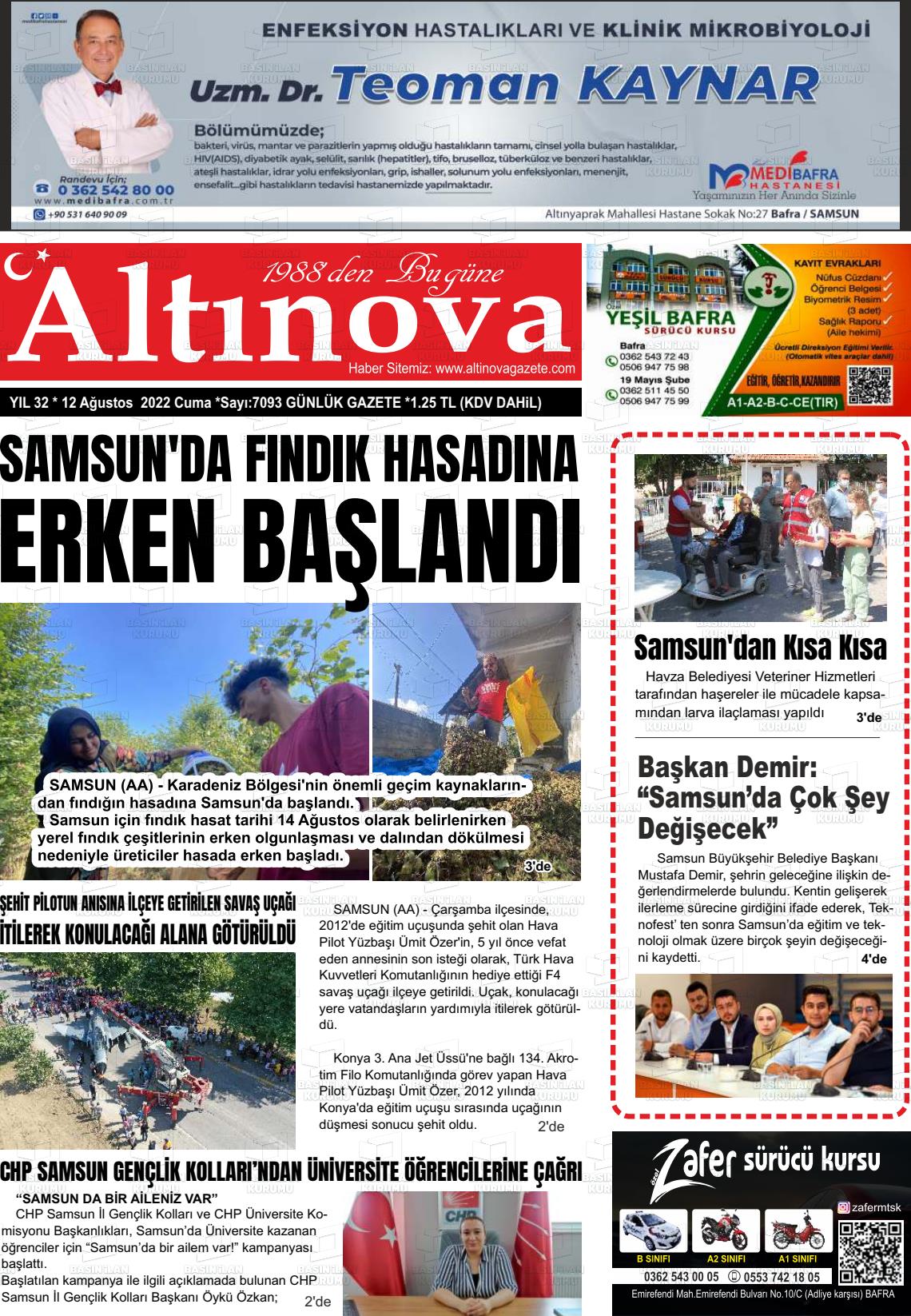 12 Ağustos 2022 Altınova Gazete Manşeti