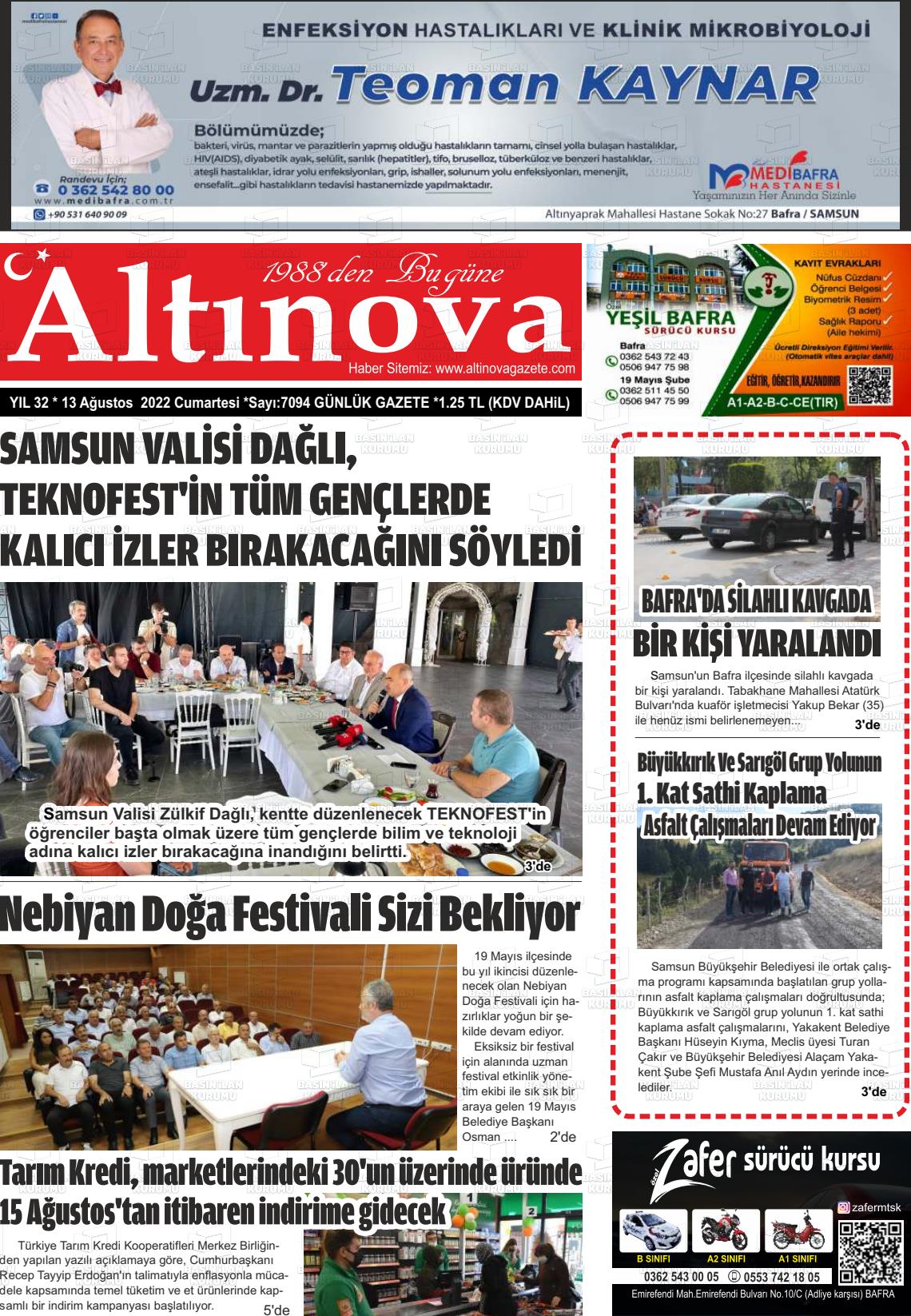 13 Ağustos 2022 Altınova Gazete Manşeti