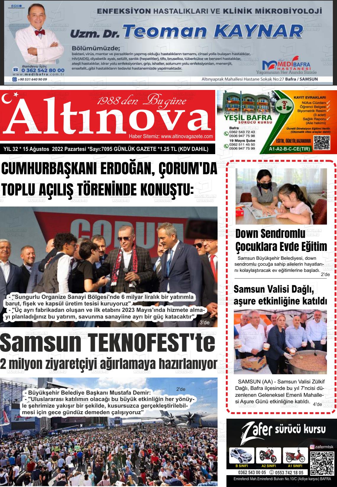 15 Ağustos 2022 Altınova Gazete Manşeti