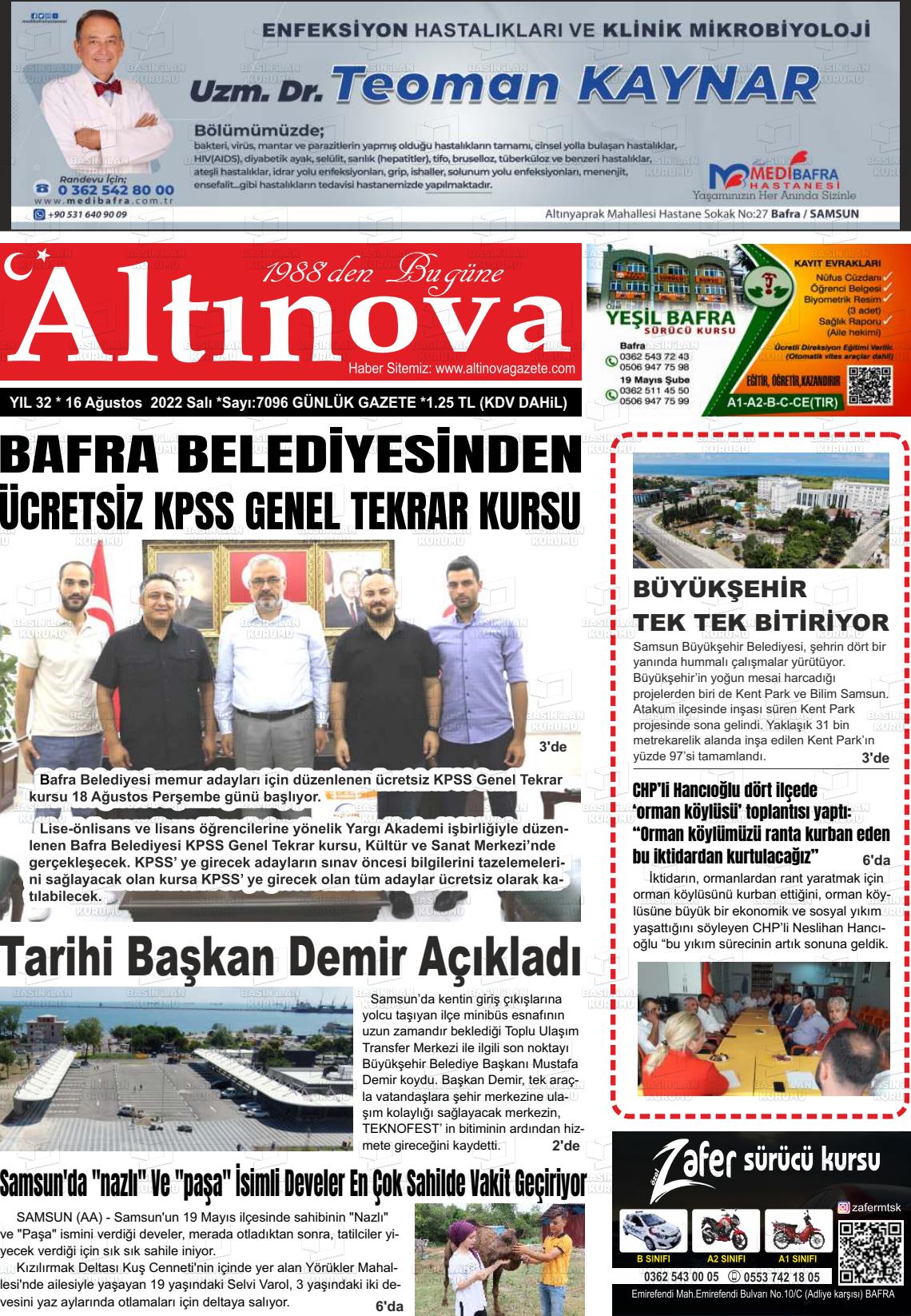 16 Ağustos 2022 Altınova Gazete Manşeti