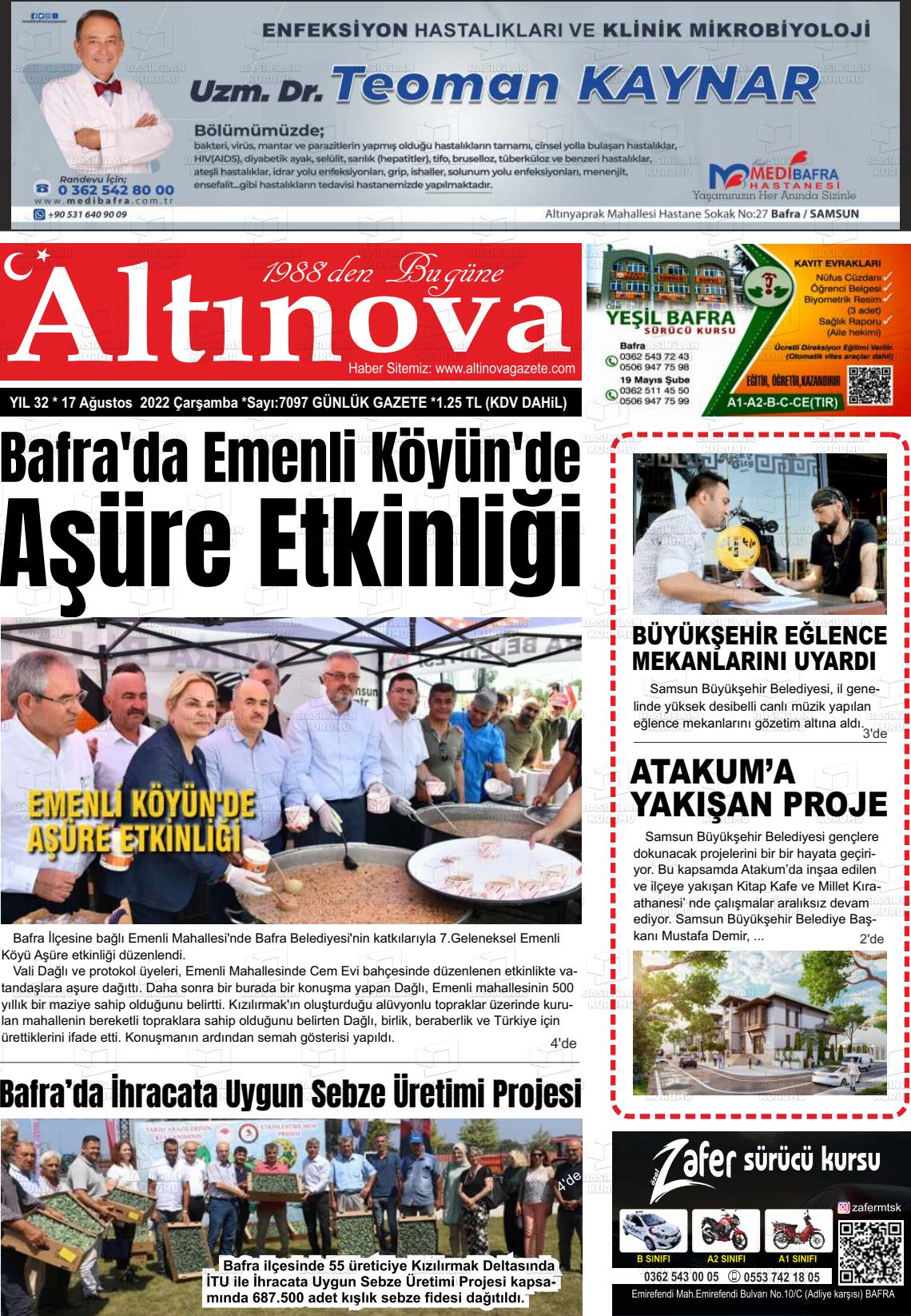 17 Ağustos 2022 Altınova Gazete Manşeti