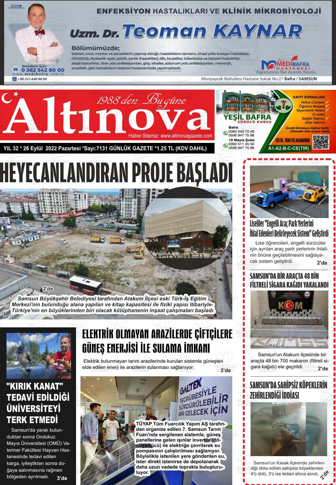 26 Eylül 2022 Altınova Gazete Manşeti