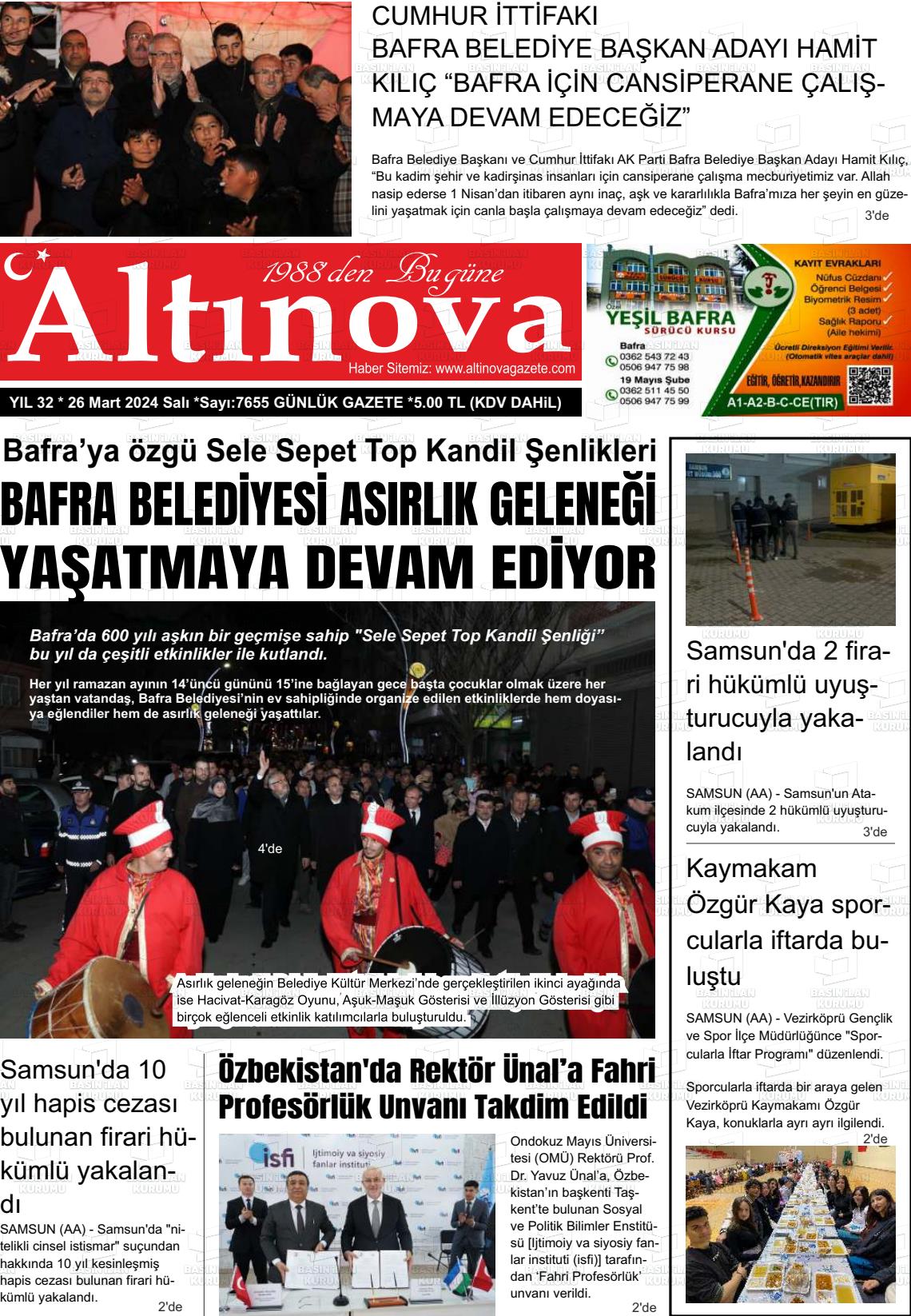 26 Mart 2024 Altınova Gazete Manşeti