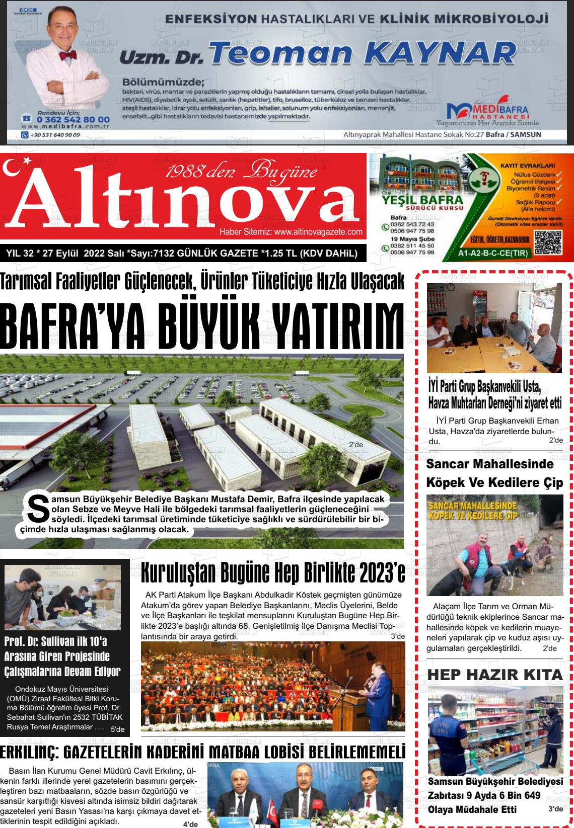 27 Eylül 2022 Altınova Gazete Manşeti