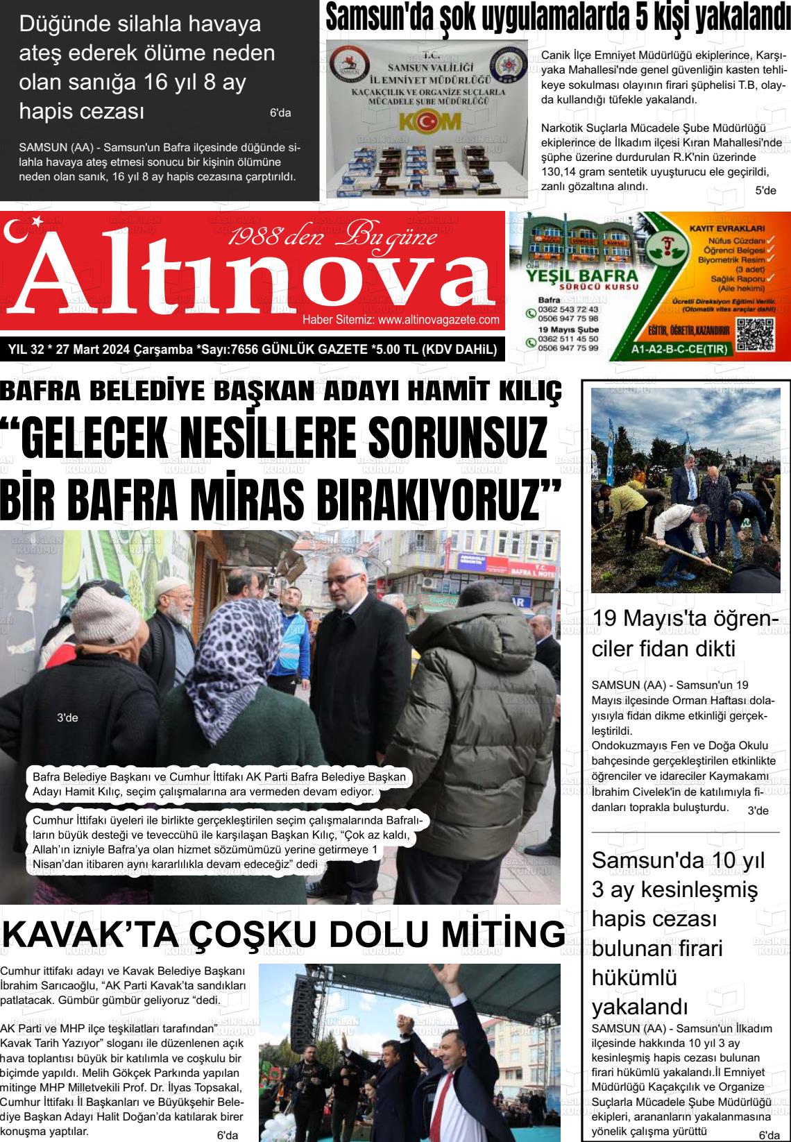27 Mart 2024 Altınova Gazete Manşeti