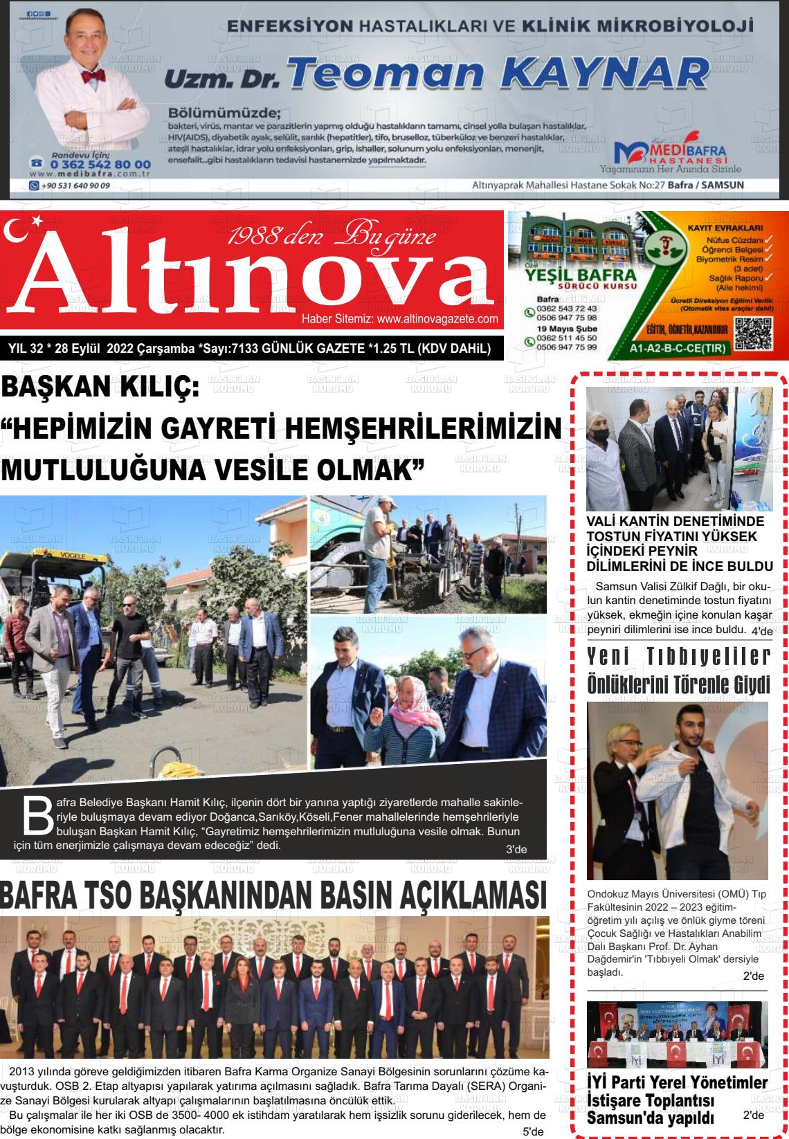 28 Eylül 2022 Altınova Gazete Manşeti