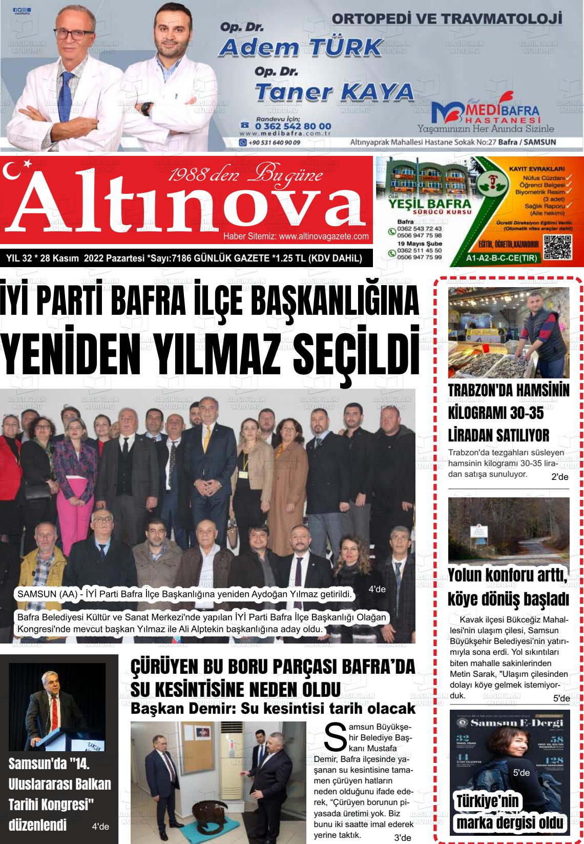 28 Kasım 2022 Altınova Gazete Manşeti