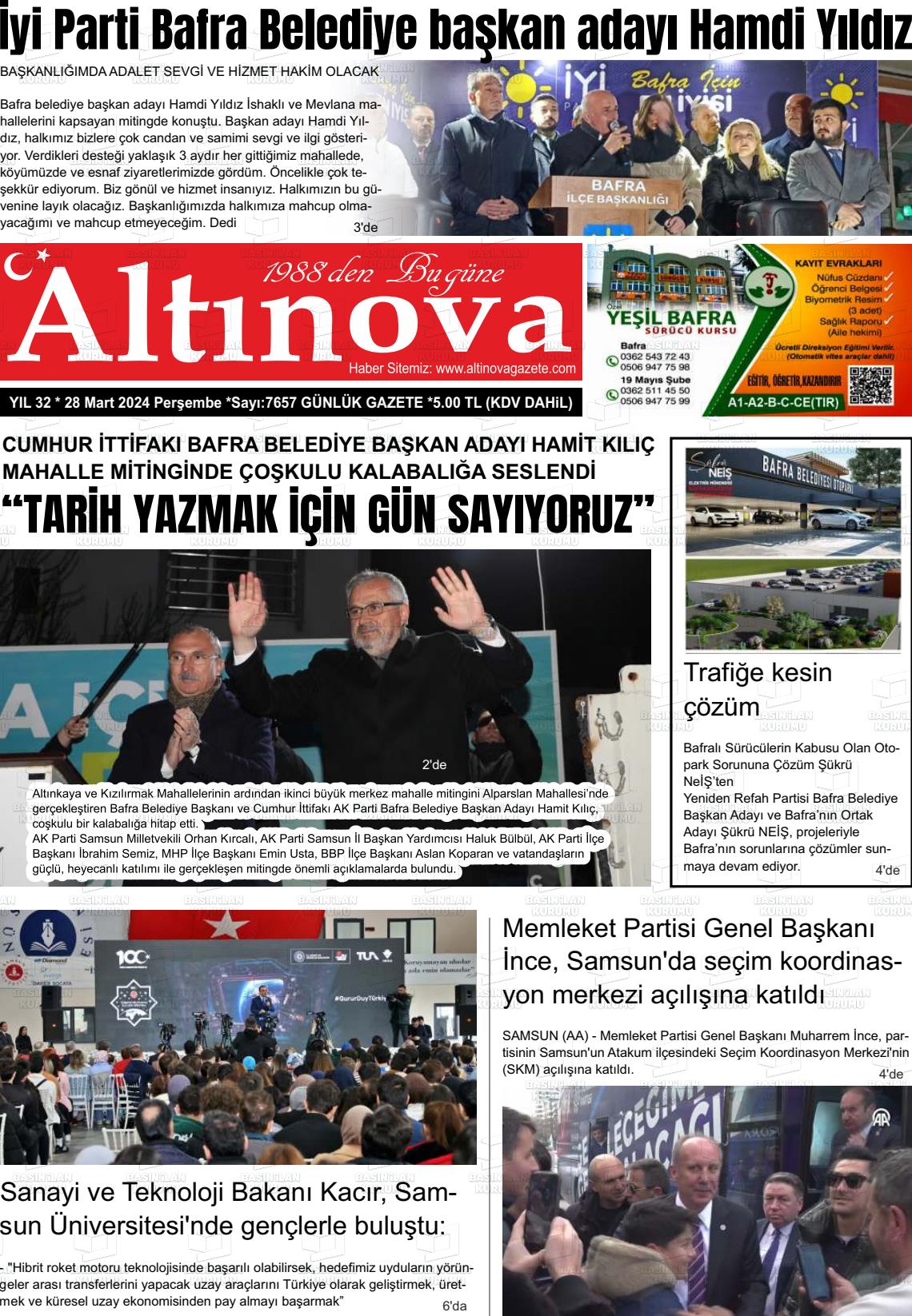 28 Mart 2024 Altınova Gazete Manşeti