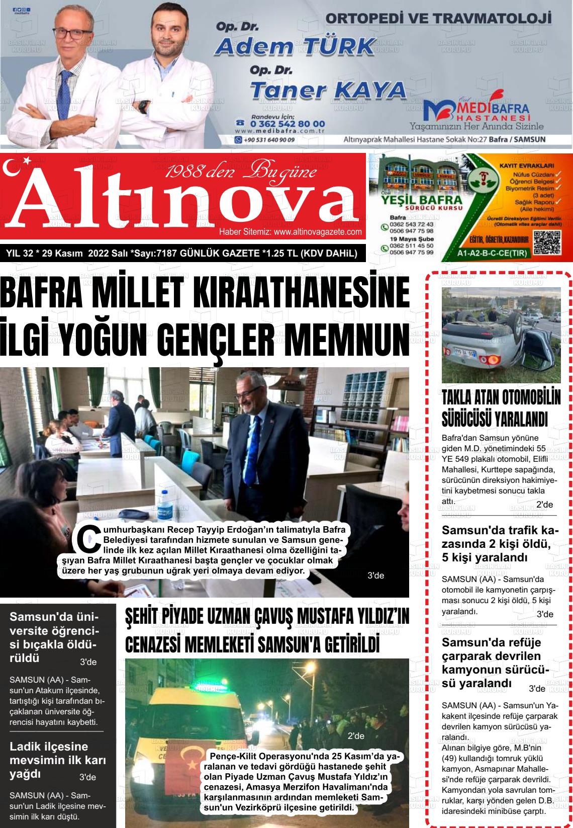 29 Kasım 2022 Altınova Gazete Manşeti