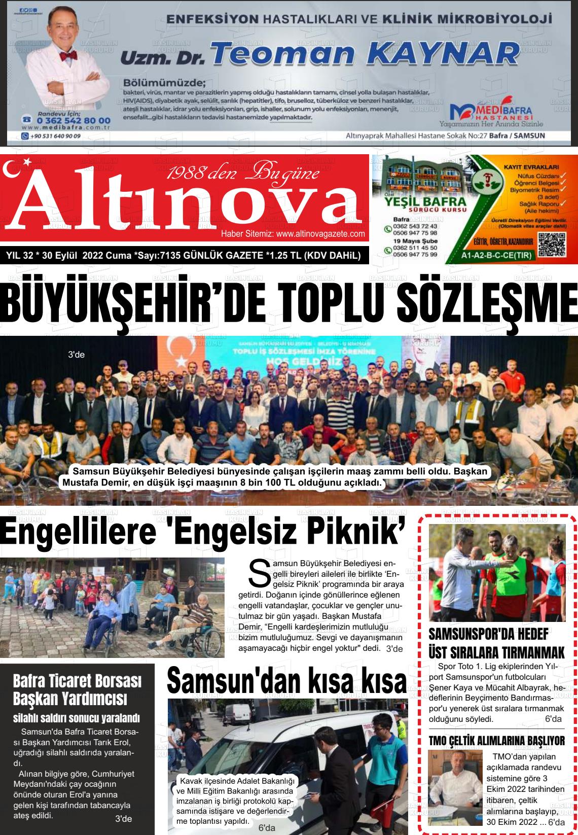 30 Eylül 2022 Altınova Gazete Manşeti