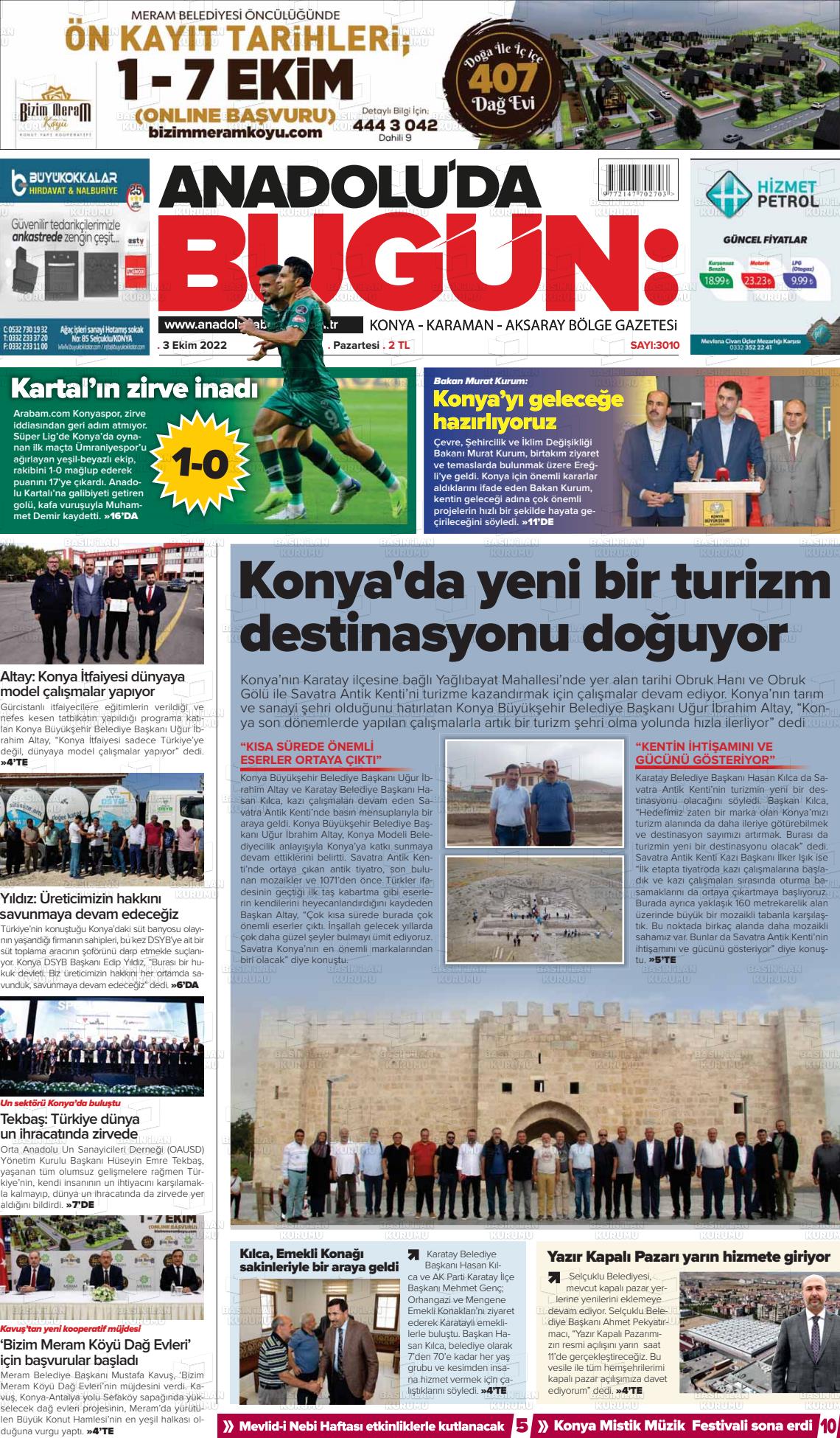 03 Ekim 2022 Anadolu'da Bugün Gazete Manşeti