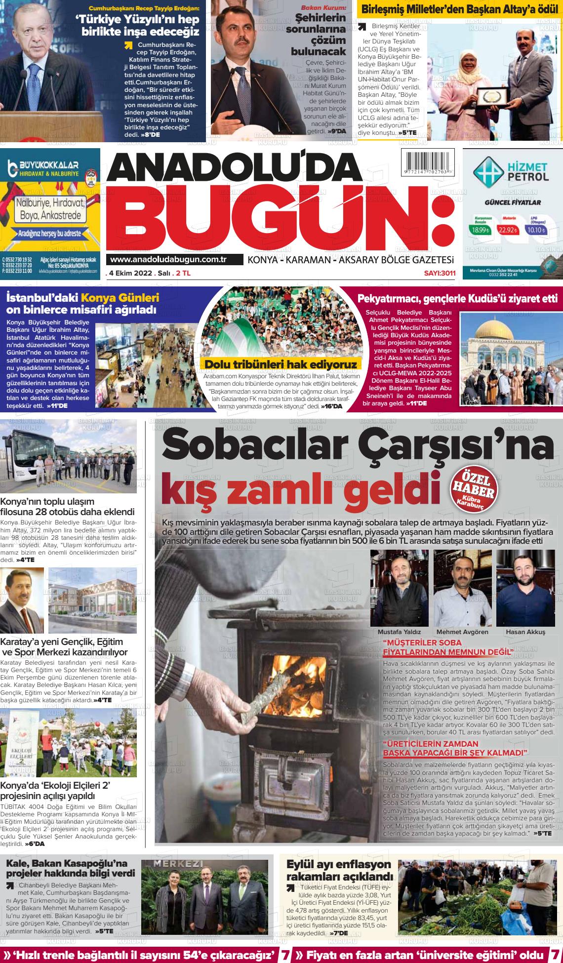 04 Ekim 2022 Anadolu'da Bugün Gazete Manşeti