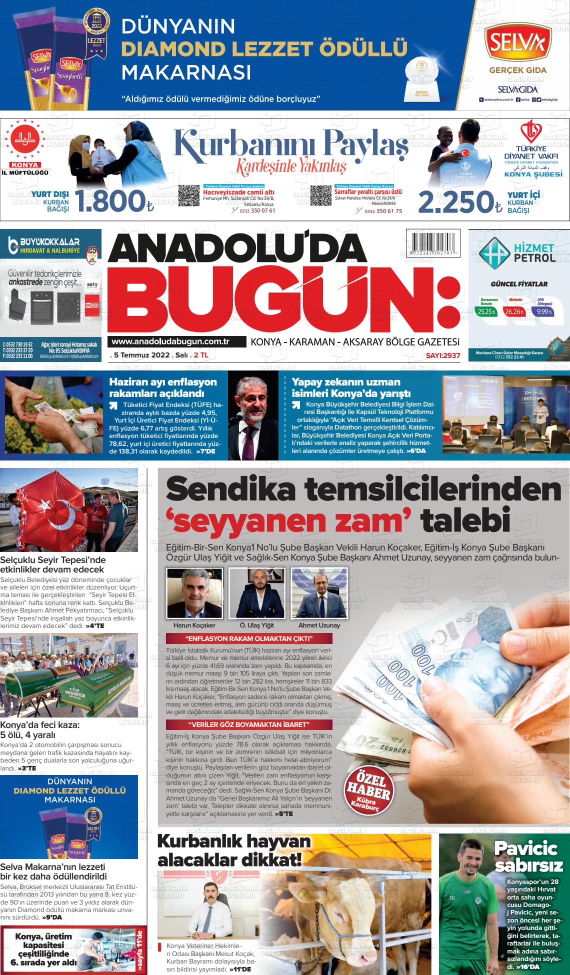 05 Temmuz 2022 Anadolu'da Bugün Gazete Manşeti